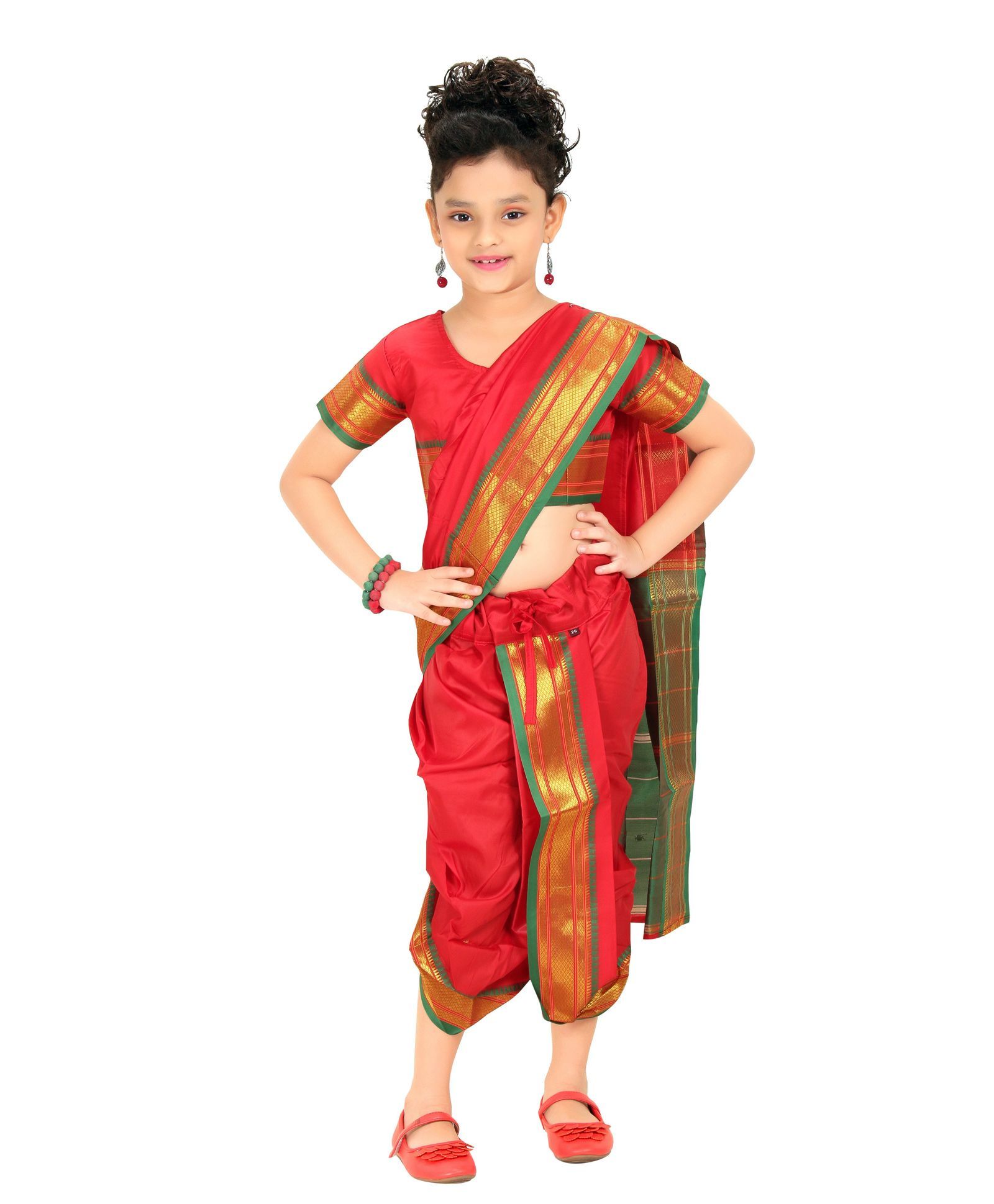 Bhartiya Paridhan Full Length Stitched Traditional Nauwar 9 Yard Saree With Stitched Blouse - Red