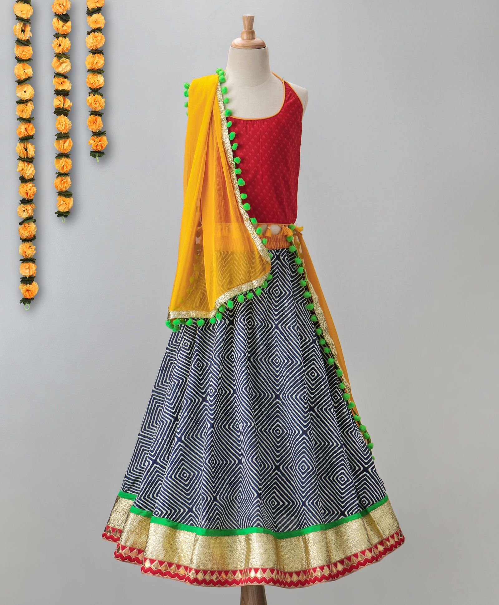 Kids Chakra Geometric Ghagra Choli - Red & Grey
