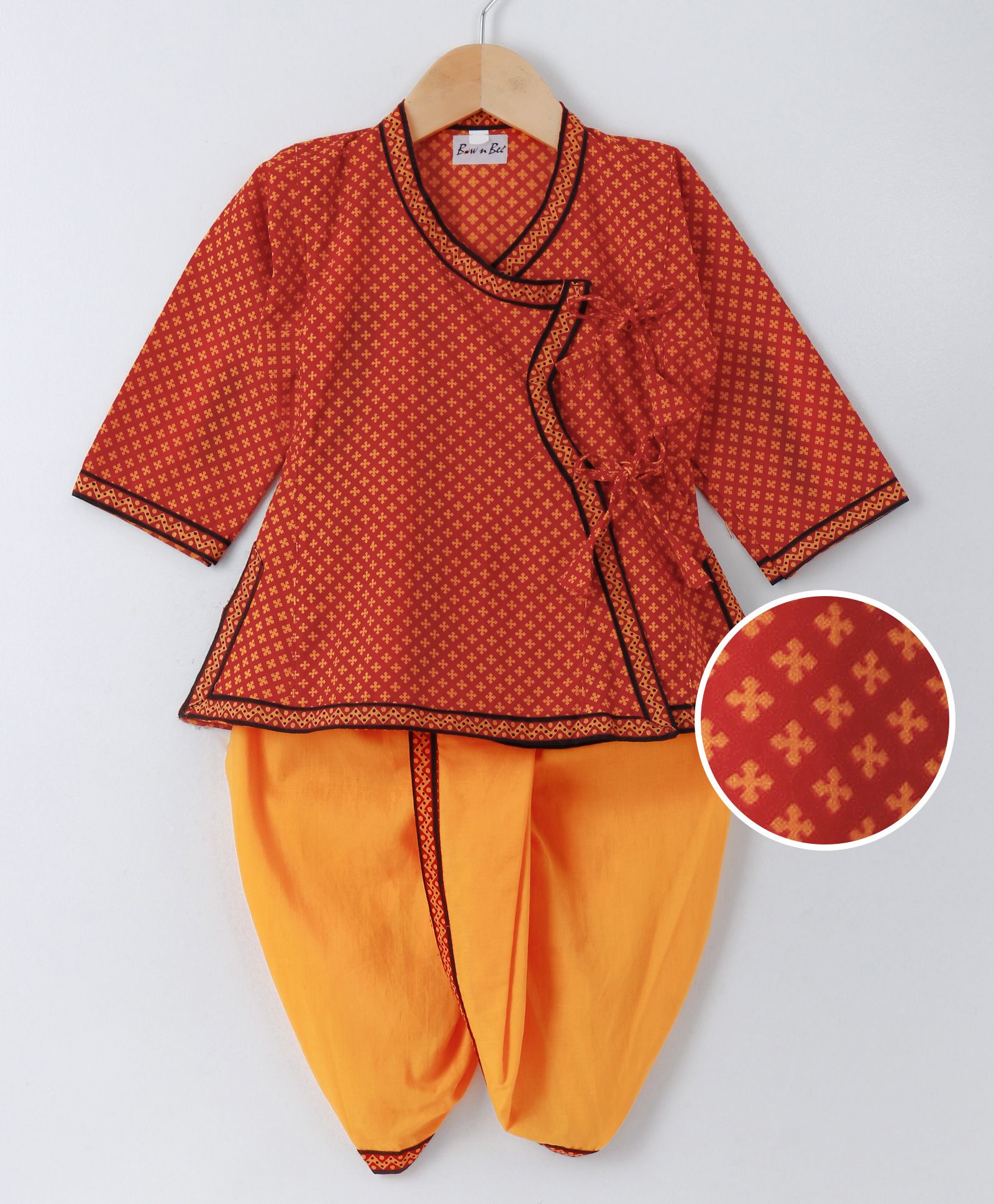 BownBee Jaipuri Small Print Cotton Kedia Dhoti Set- Maroon