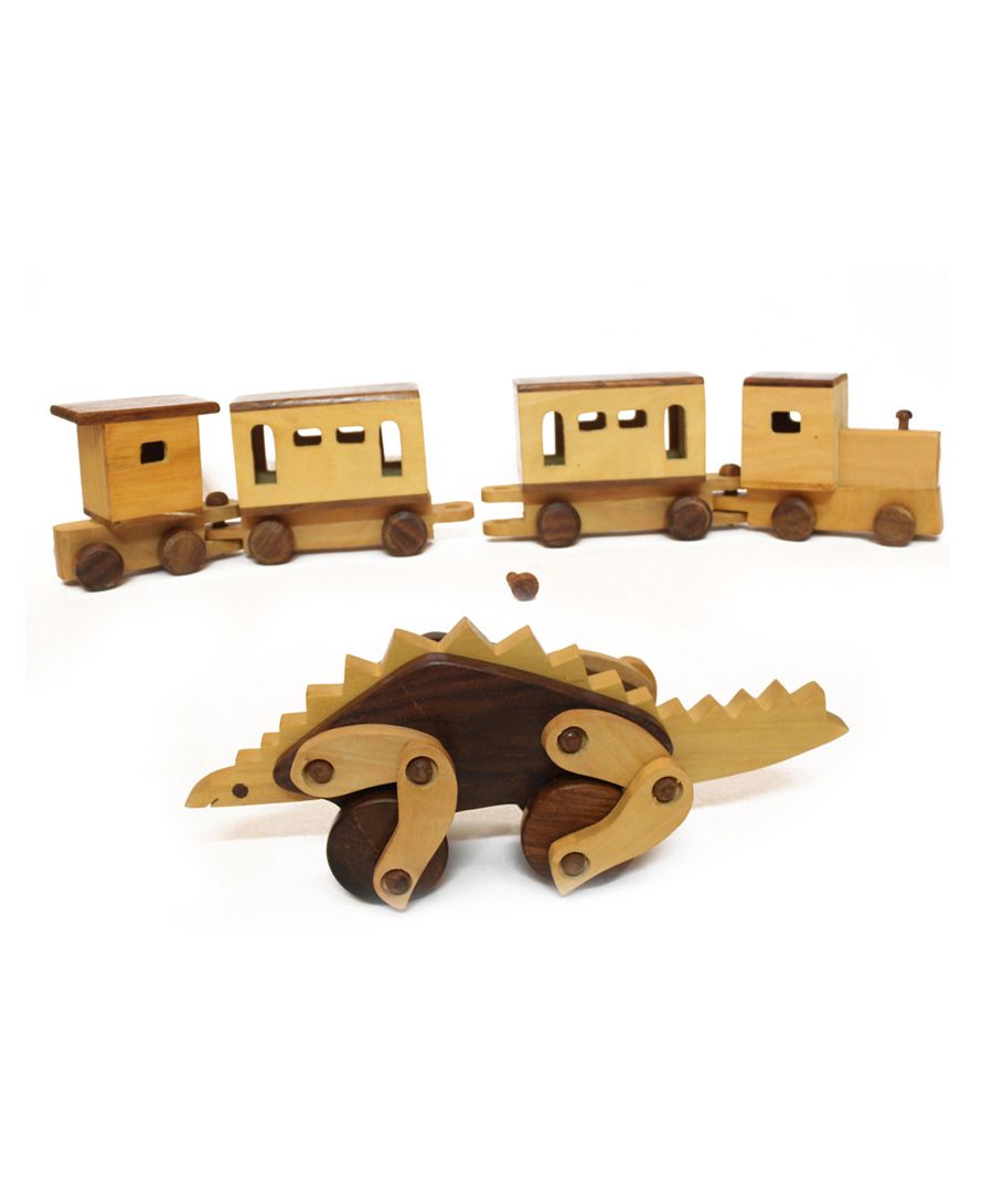 Aatike Wooden Train & Stegosaurus - Brown