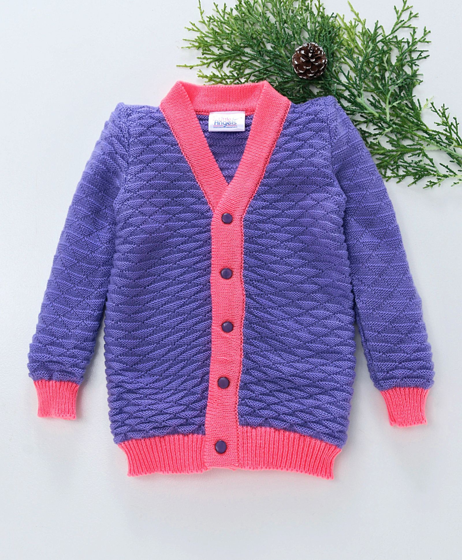 Little Angels Full Sleeves Sweater Half Diamond Design - Lavender & Fuschia