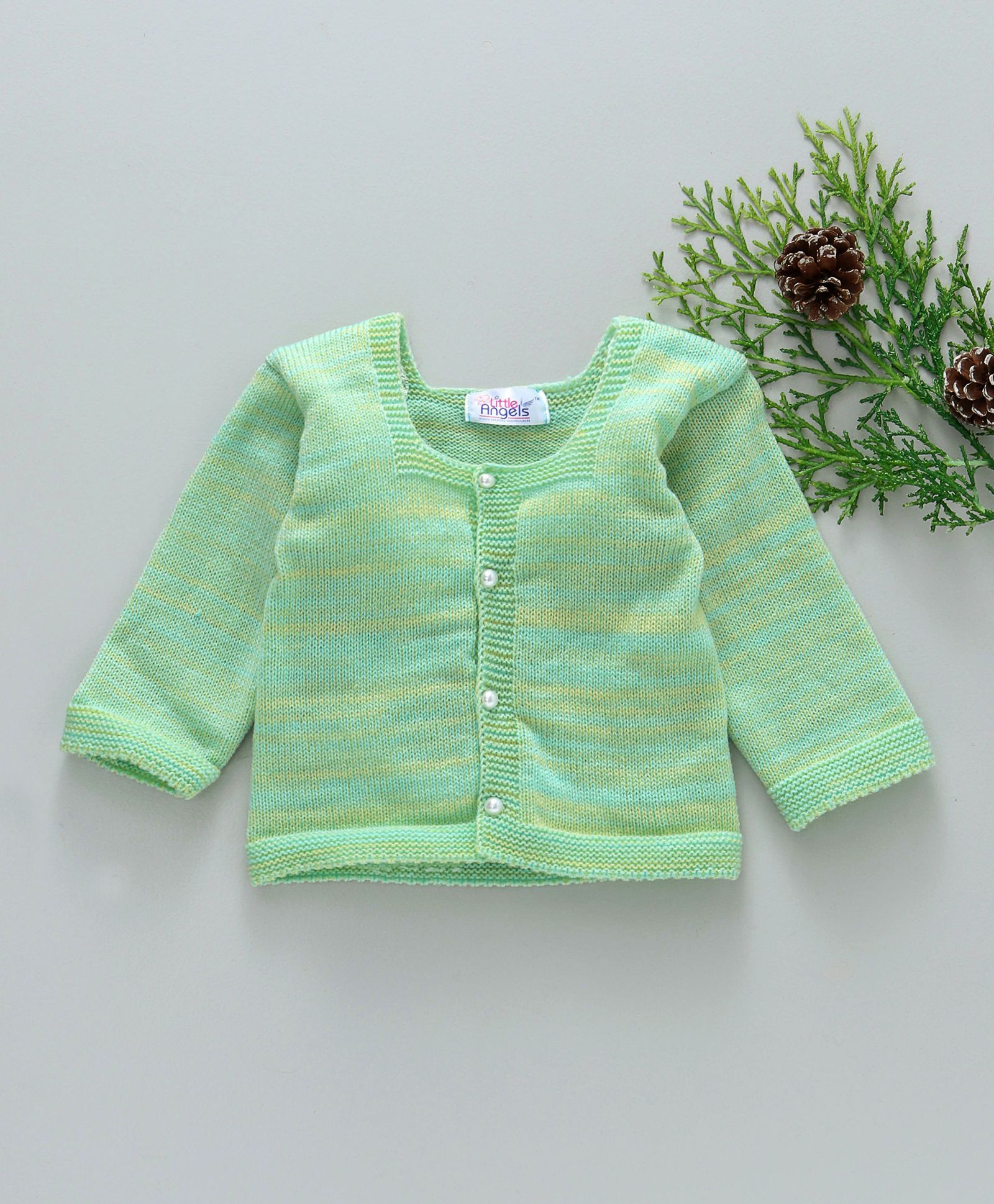 Little Angels Full Sleeves Stripe Sweater With Pearl Buttons - Green