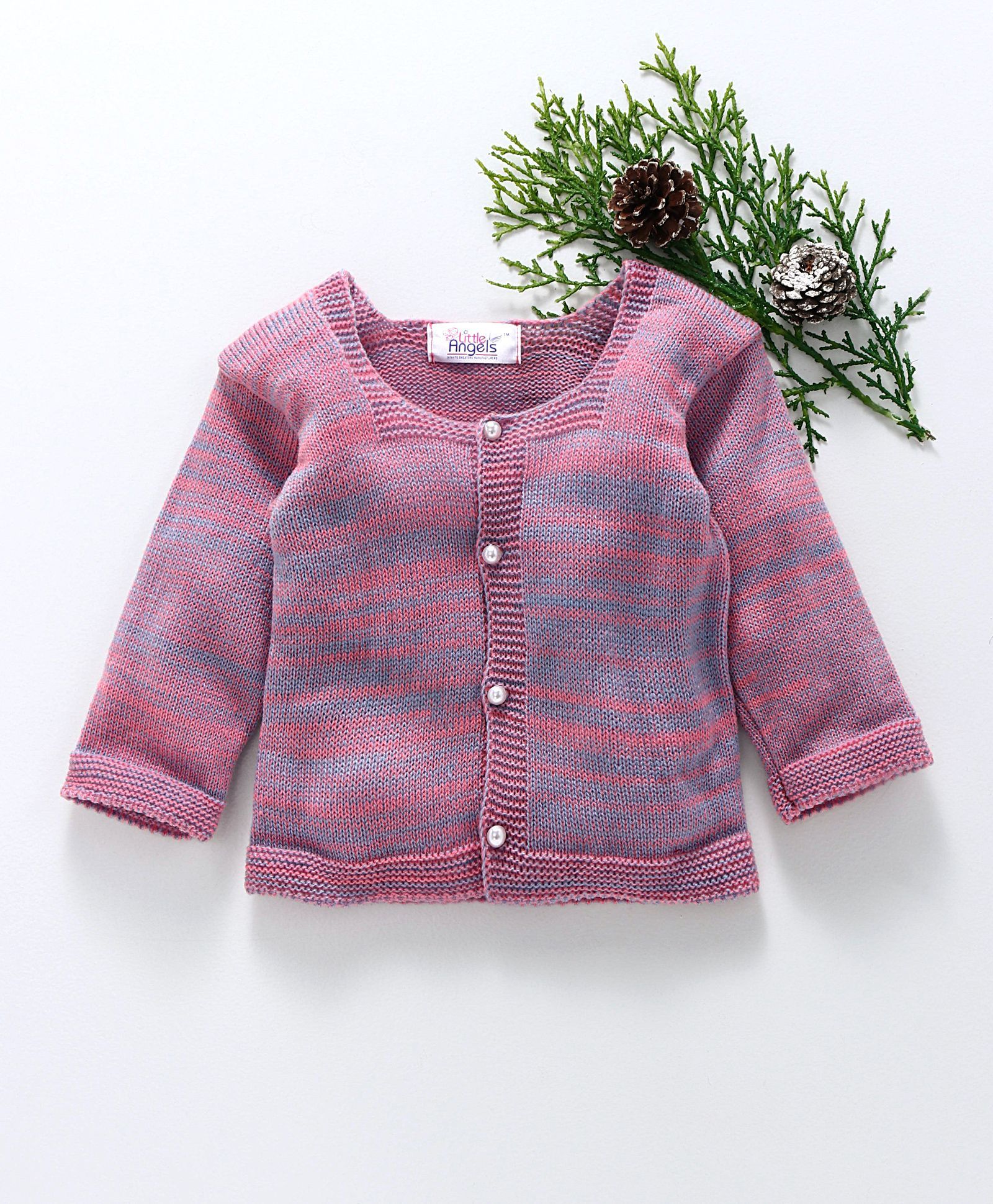 Little Angels Full Sleeves Stripe Sweater With Pearl Buttons - Pink Purple