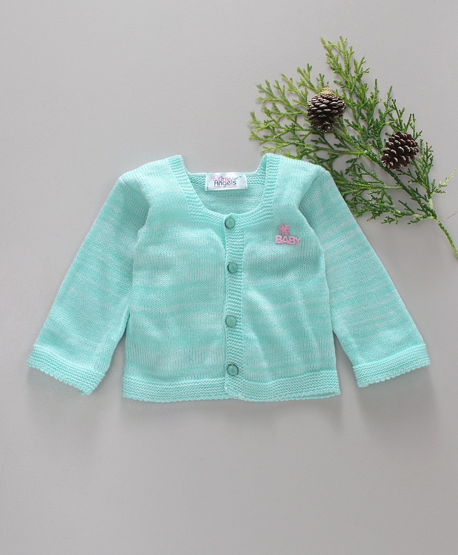 Little Angels Full Sleeves Stripe Sweater With Pearl Buttons - Sea Green