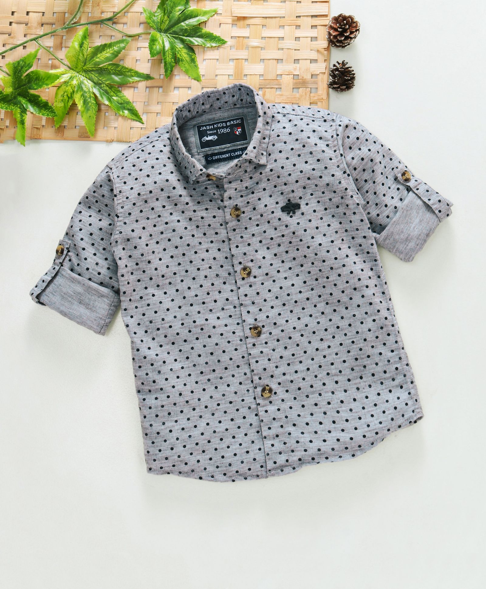 Jash Kids Full Sleeves Shirt Polka Dot Print - Grey