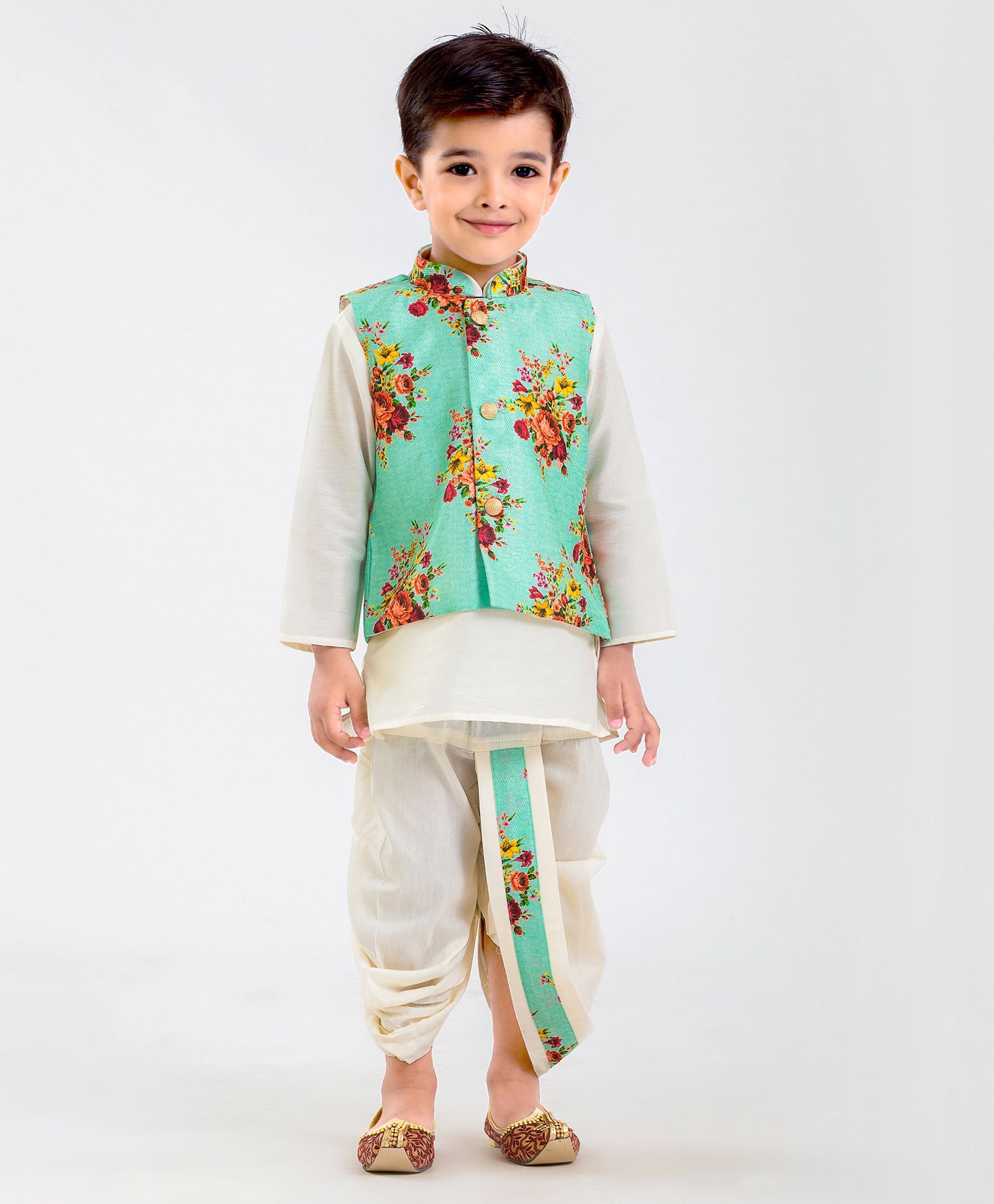 Little Aryan Dhoti Kurta Set With Printed Jacket