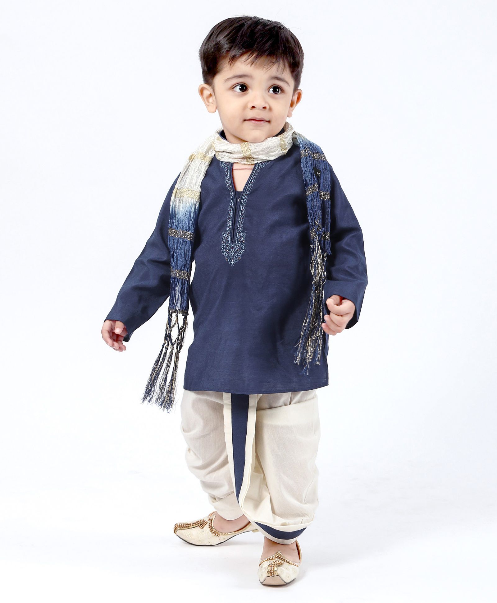 Little Aryan Full Sleeves Embroidered Kurta With Dhoti & Stole - Navy Blue