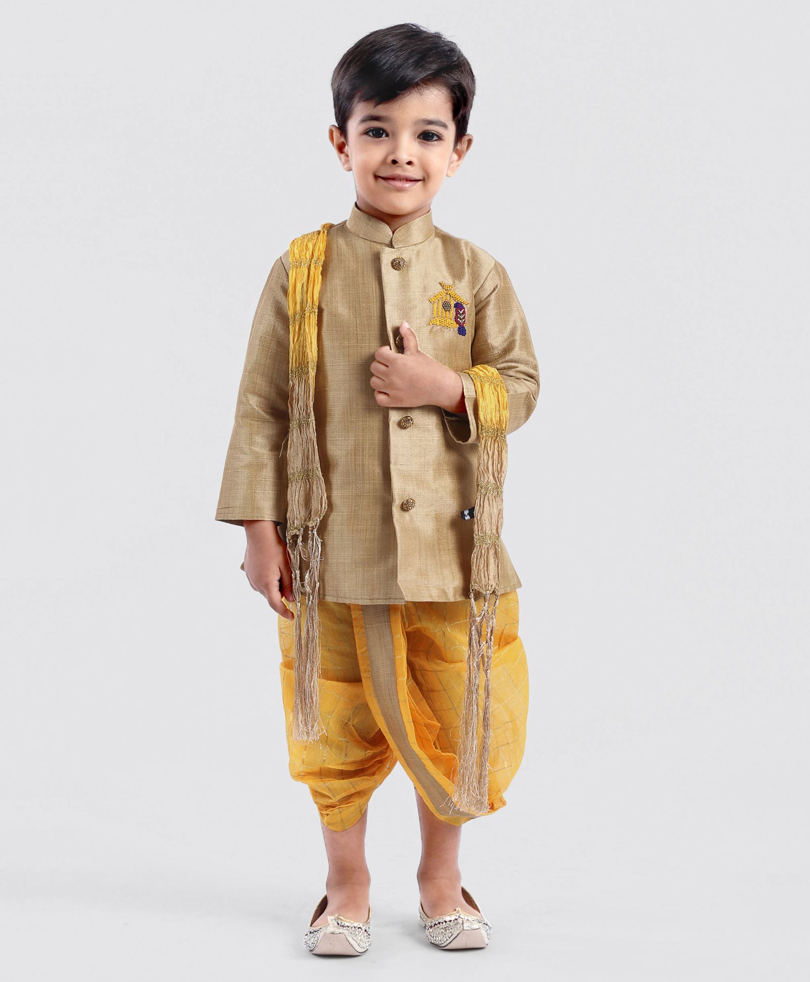 Little Aryan Full Sleeves Kurta & Dhoti With Stole