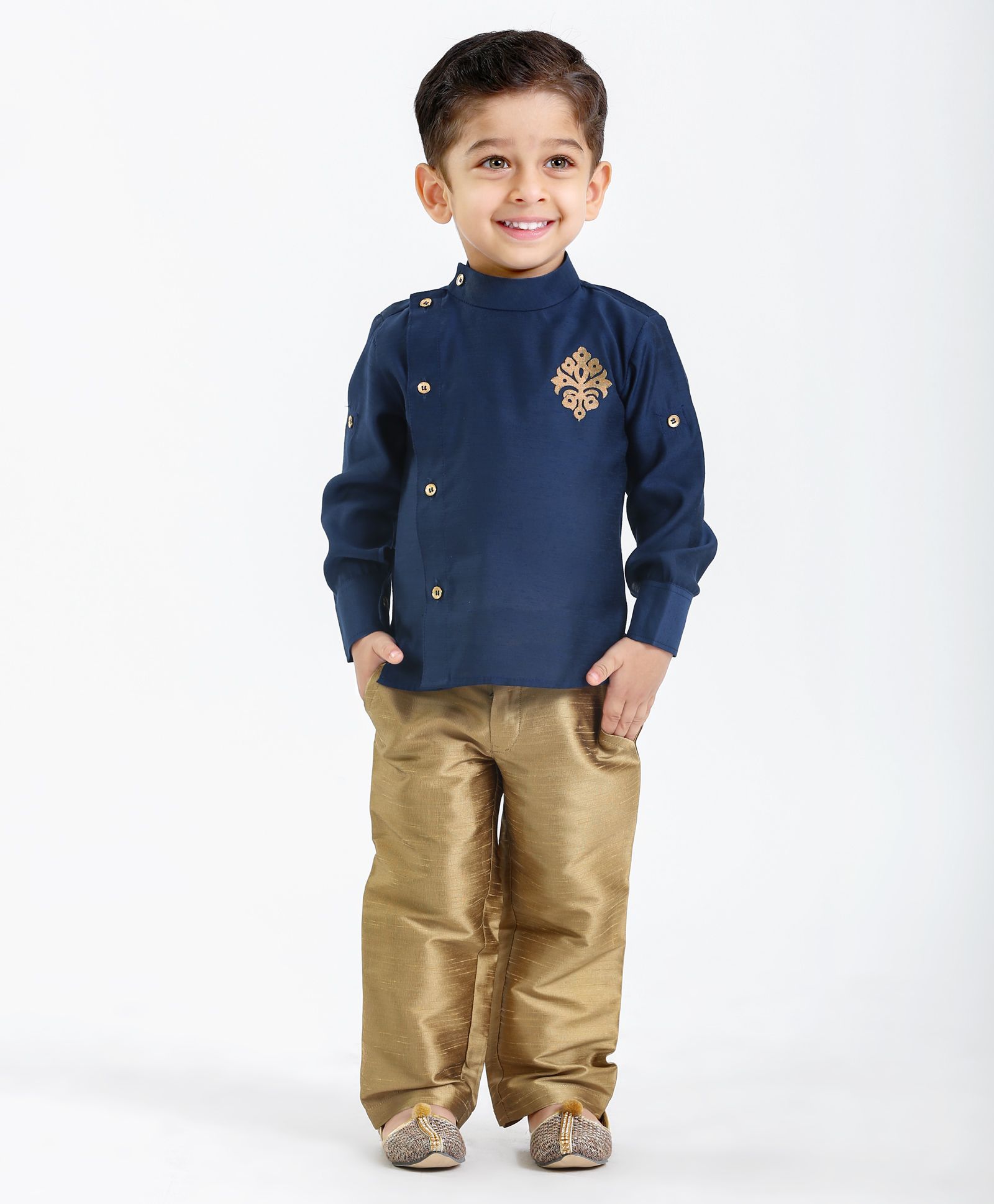 Little Aryan Full Sleeves Side Button Kurta & Solid Color Pajama Set - Navy Blue