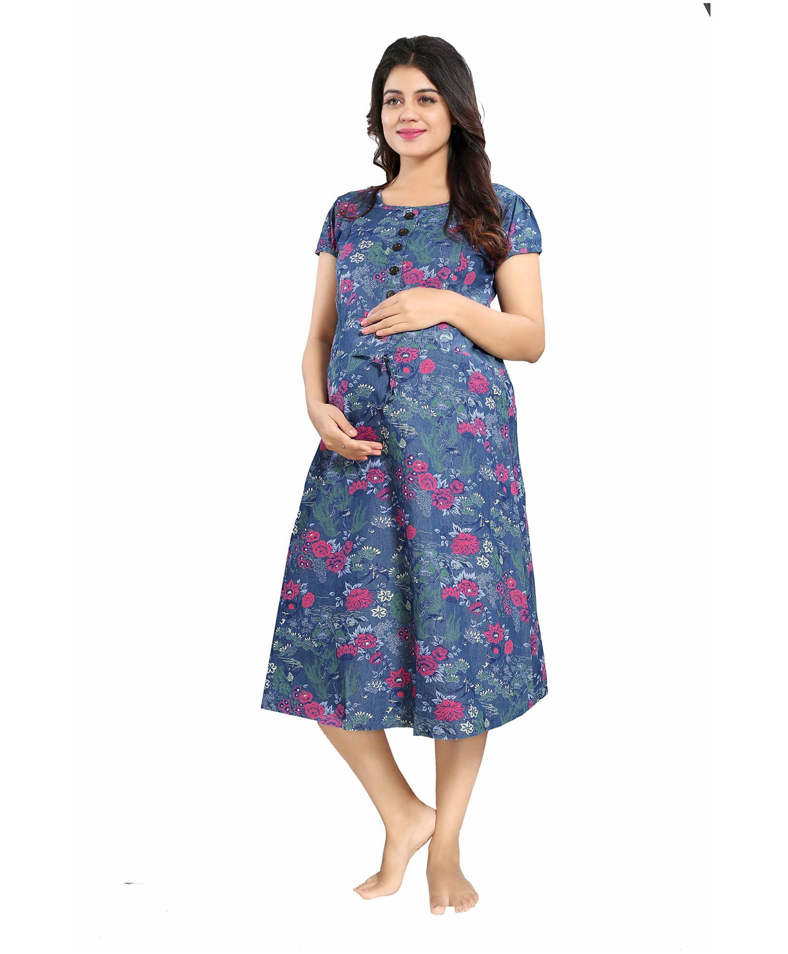 Buy Mamma's Maternity Short Sleeves Denim Floral Printed Dress