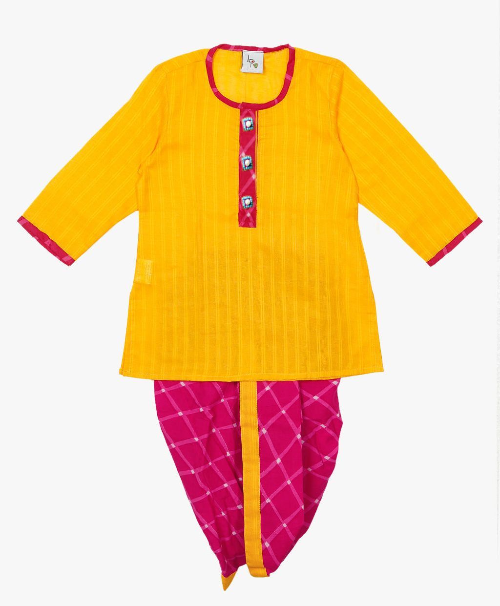 Little Pockets Store Long Sleeves Kurta With Checks Dhoti Set - Yellow & Pink