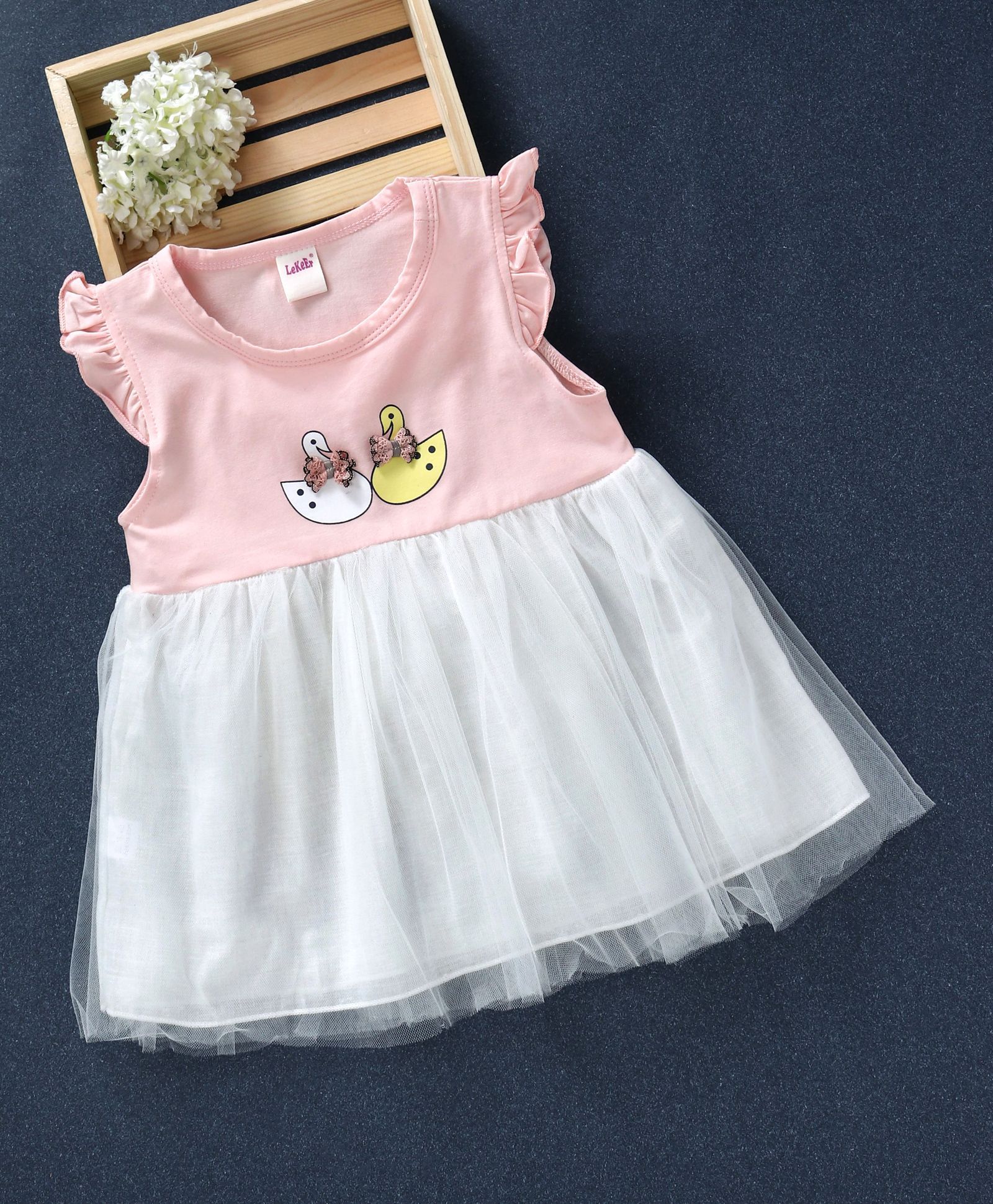 Lekeer Kids Birds Printed Cap Sleeves Dress - Peach