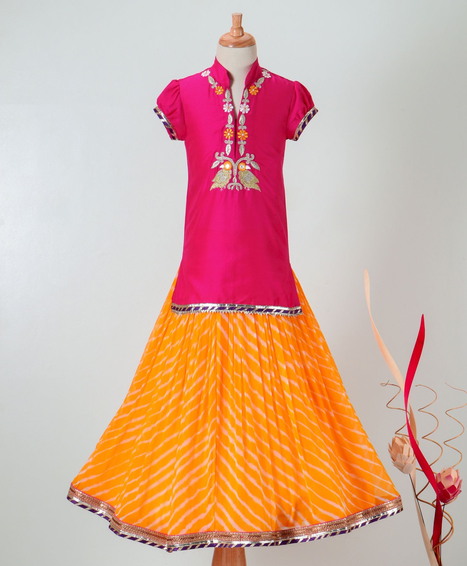 Pre Order - Neha Gursahani Kurta With Contrast Leheriya Lehenga Set - Pink & Yellow