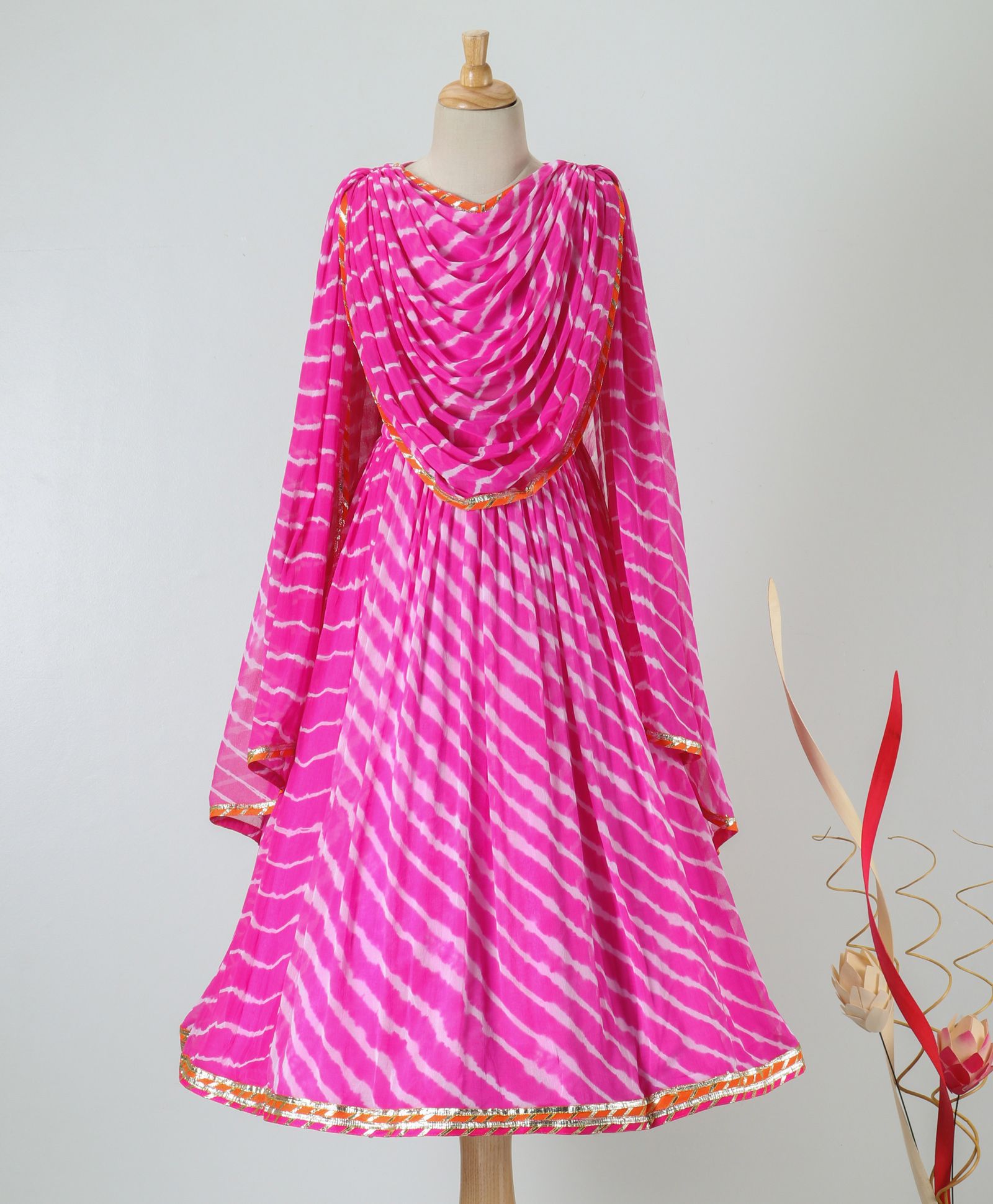 Pre Order - Neha Gursahani Draped Leheriya Top Teamed With Leheriya Lehenga - Pink