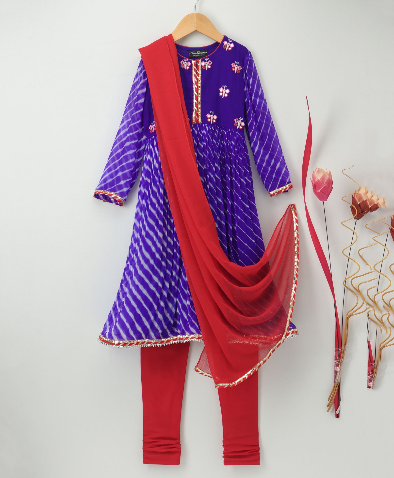 Pre Order - Neha Gursahani Kurta With Embroidered Yoke With Contrast Chudidar & Dupatta - Royal Blue