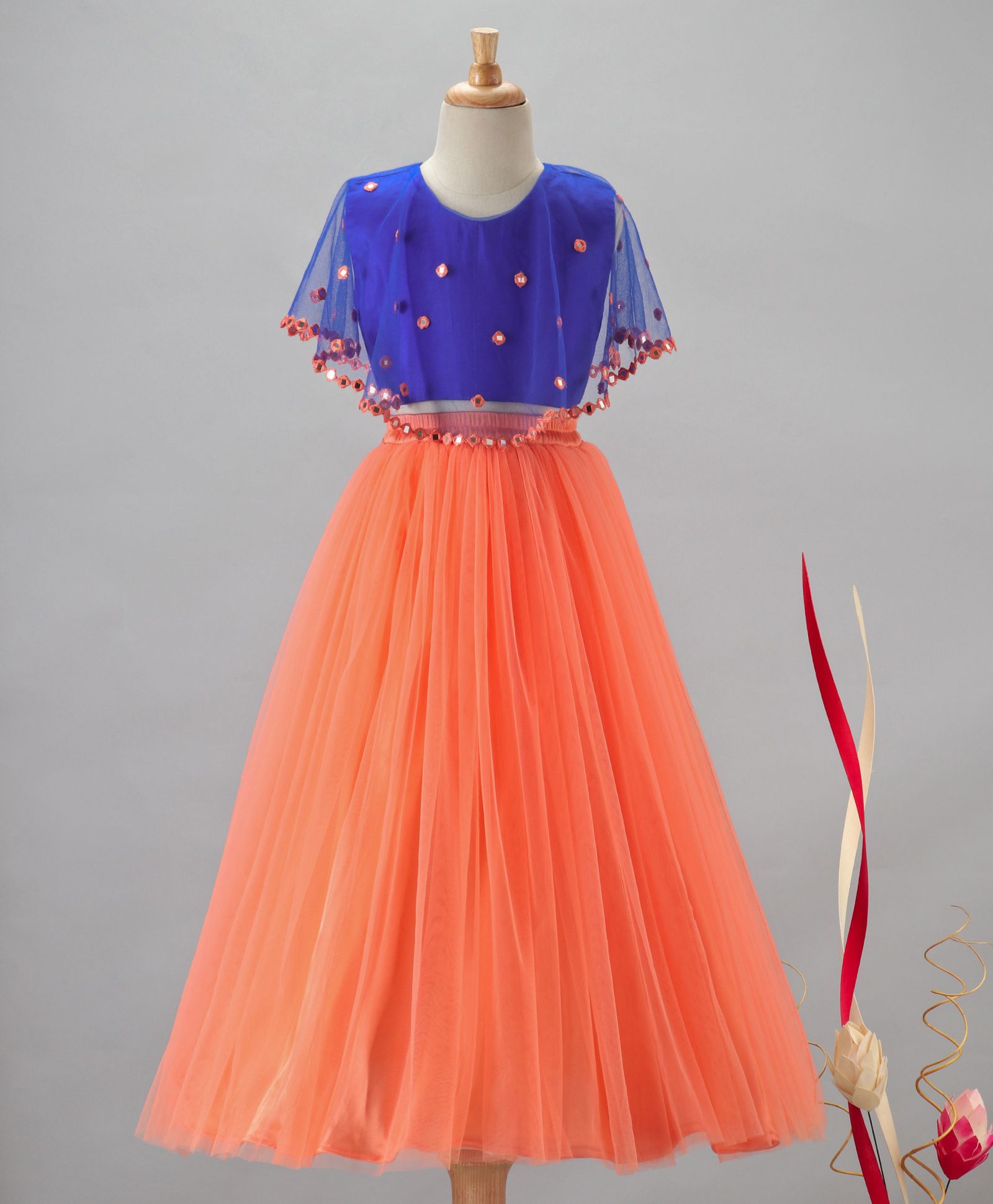 Pre Order - Neha Gursahani Crop Top With Cape & Lehenga Skirt Set - Peach
