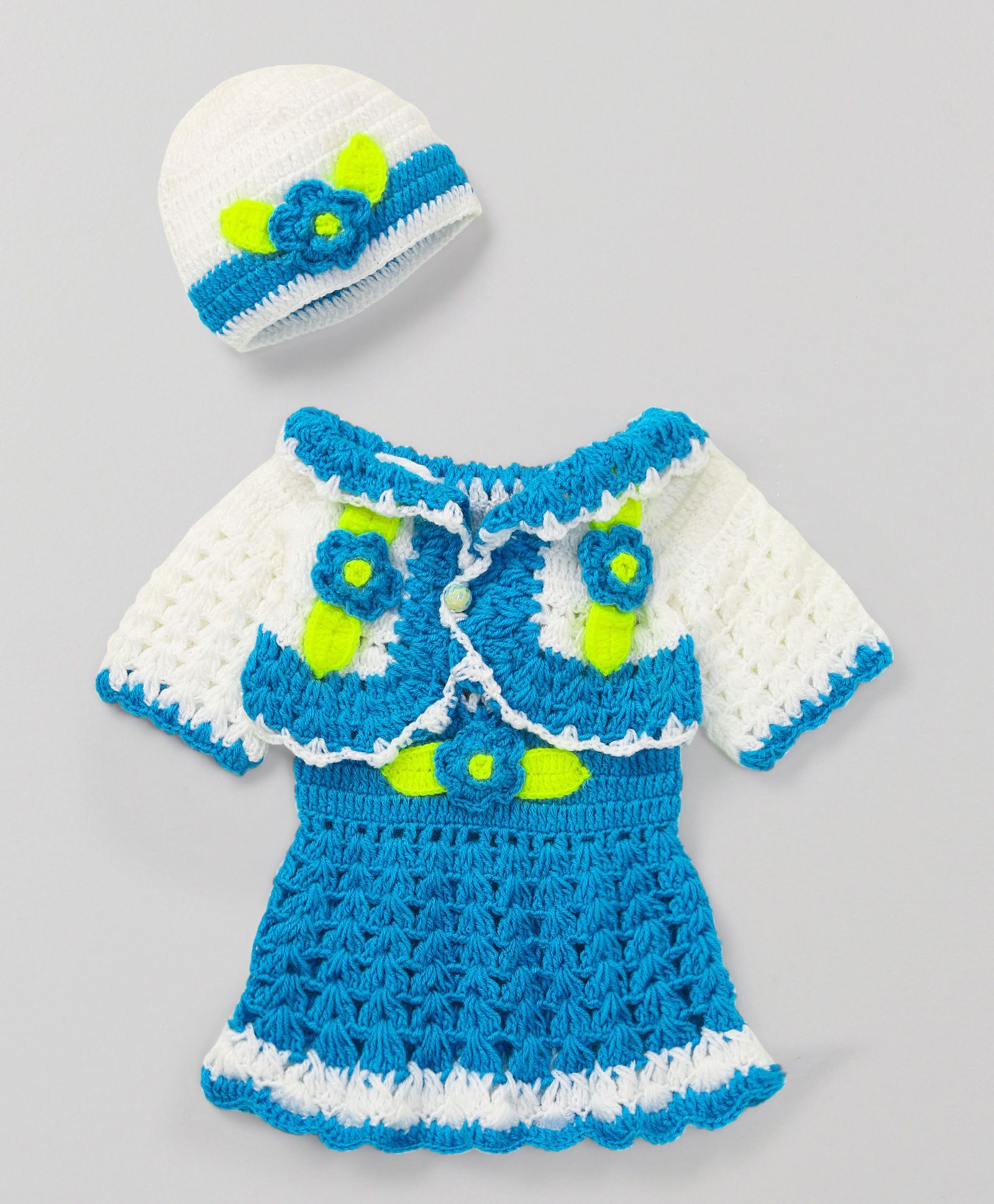 MayRa Knits Dress & Shrug With Cap - Sky Blue