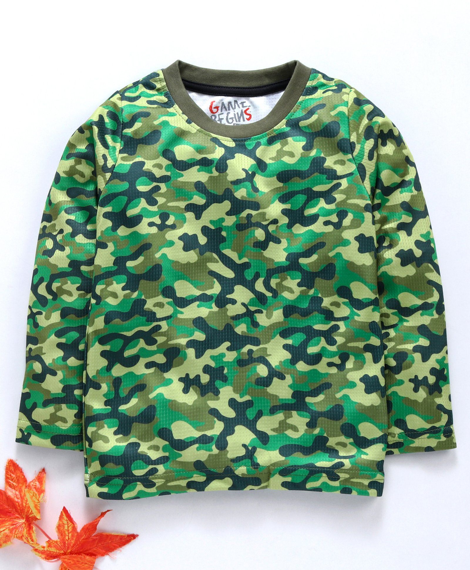 Game Begins Full Sleeves Winter Wear Tee Camouflage Print - Green
