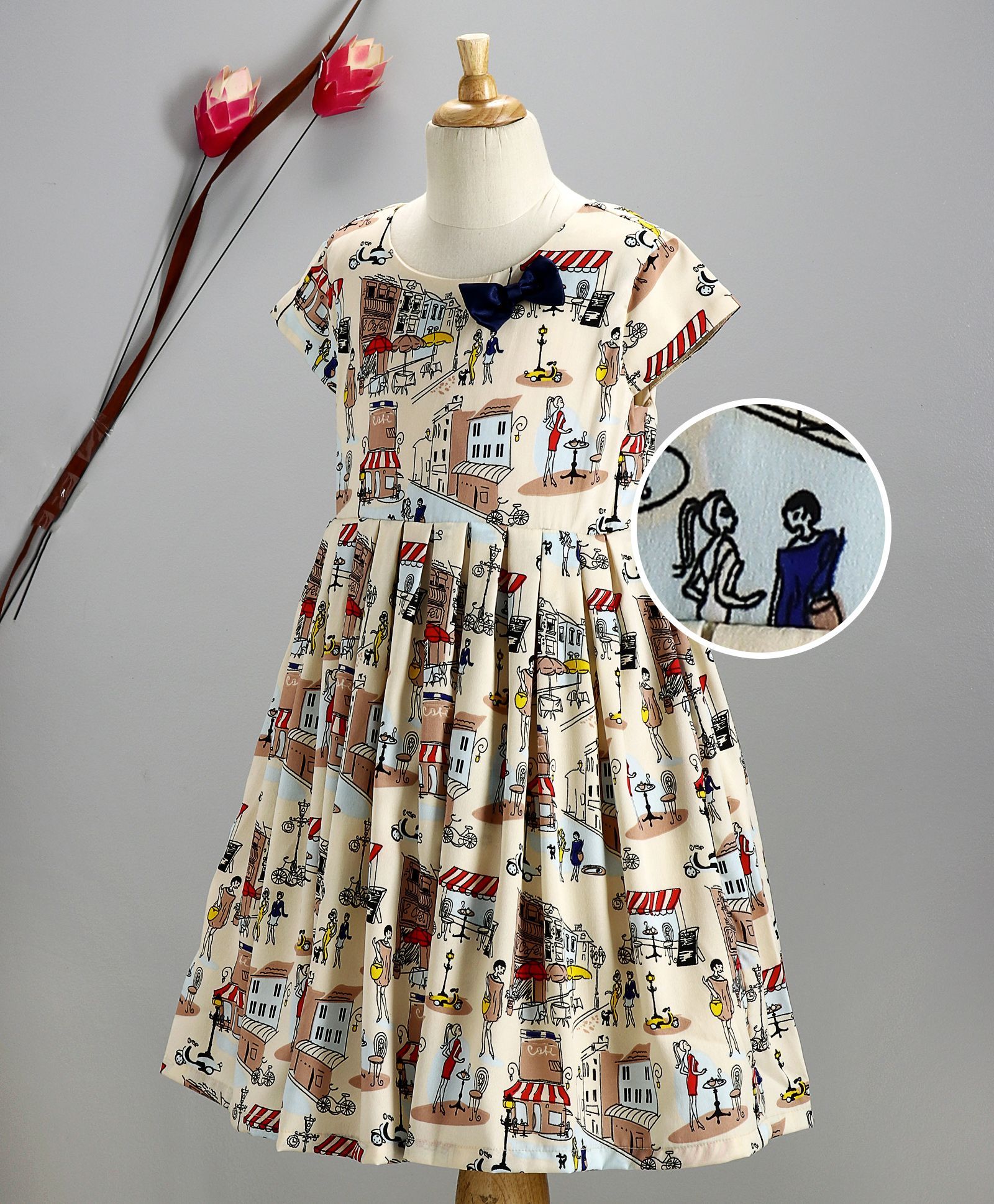 KidsDew Short Sleeves Printed Dress - Cream