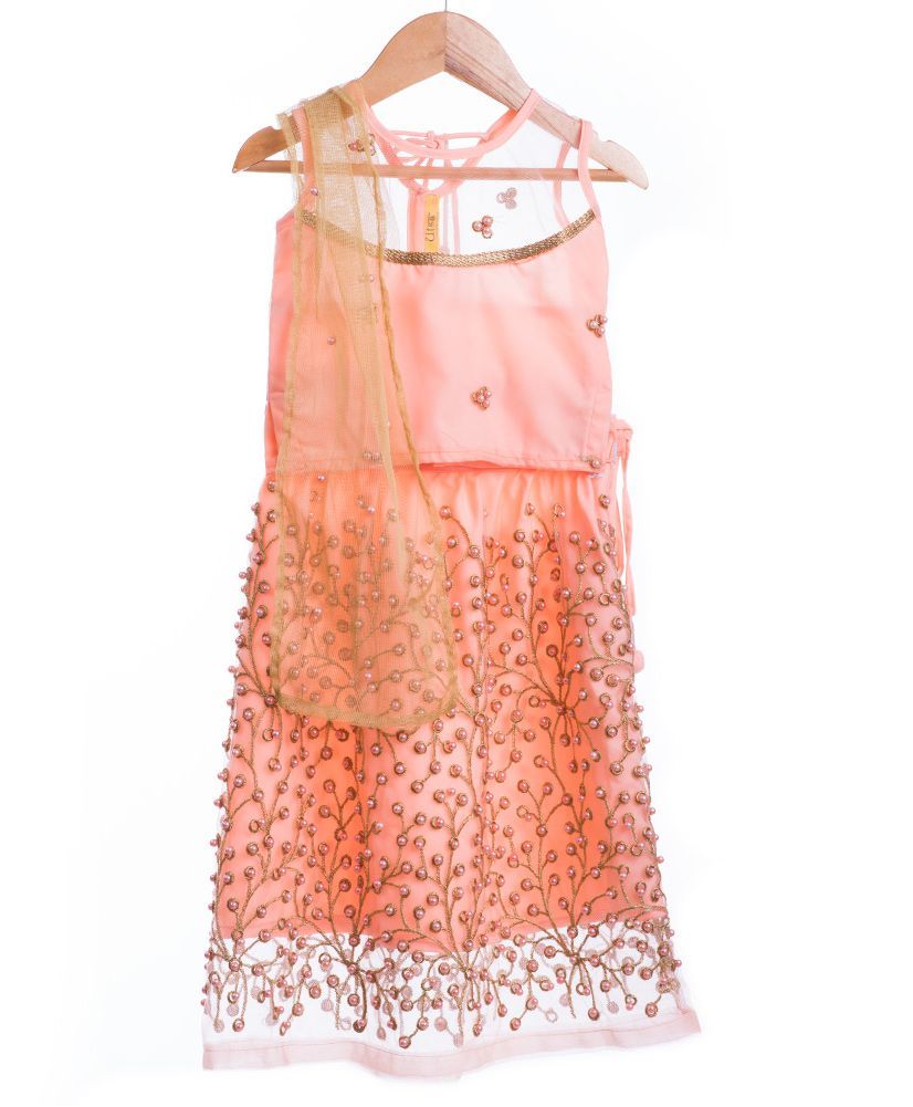 Utsa Boutique Choli & Pearl Work Lehenga With Dupatta Set - Peach