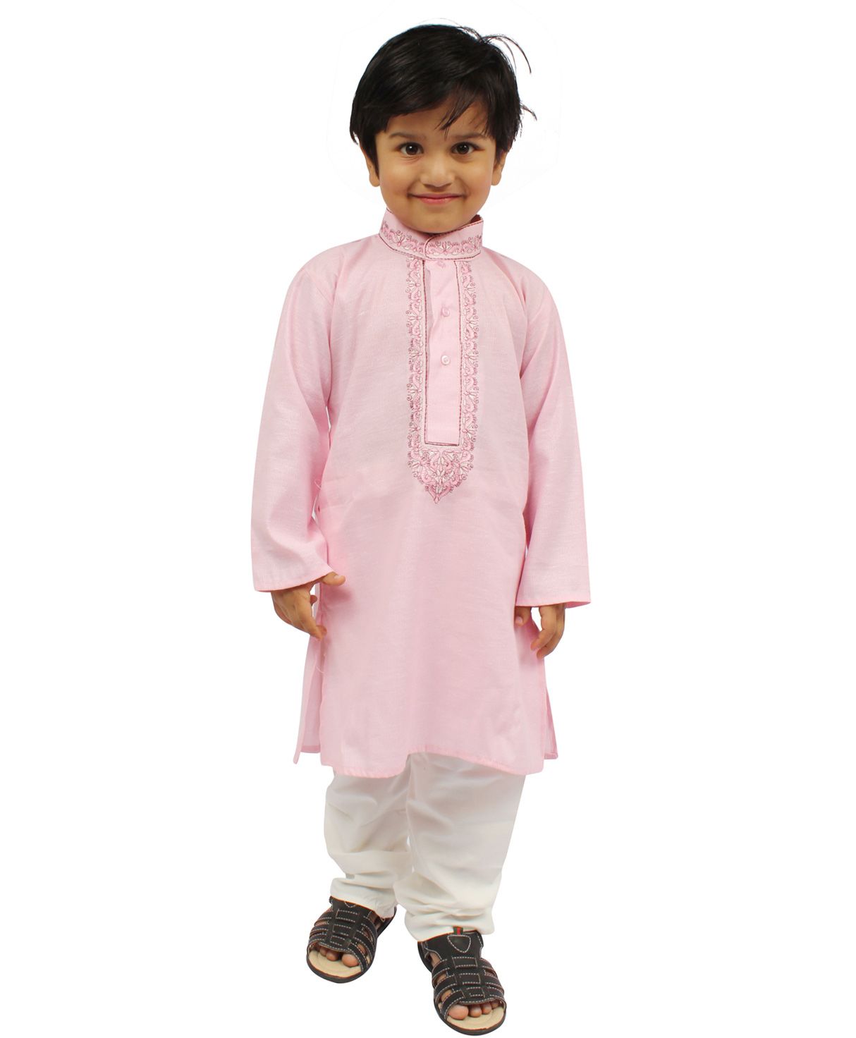 Buckled Up Embroidered Neckline Full Sleeves Kurta With Pyjama - Pink