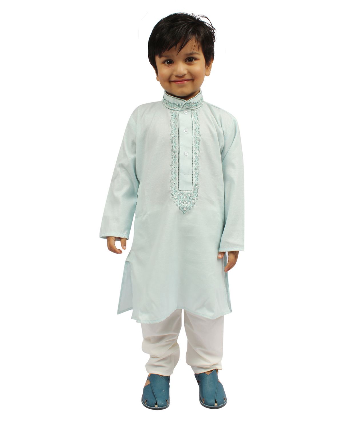 Buckled Up Embroidered Neckline Full Sleeves Kurta With Pyjama - Light Blue