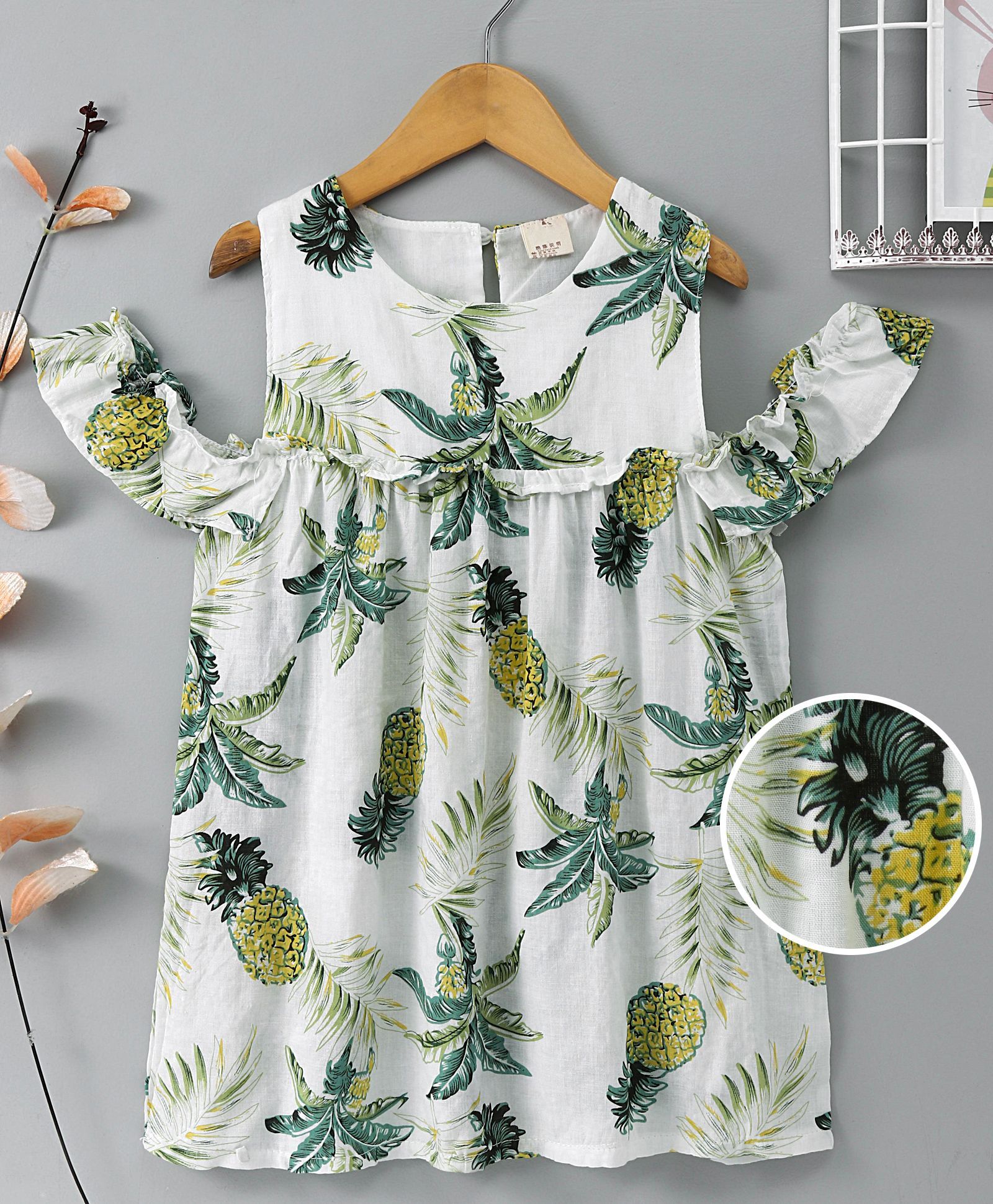 Baobaoshu Pineapple Print Cold Shoulder Dress - White