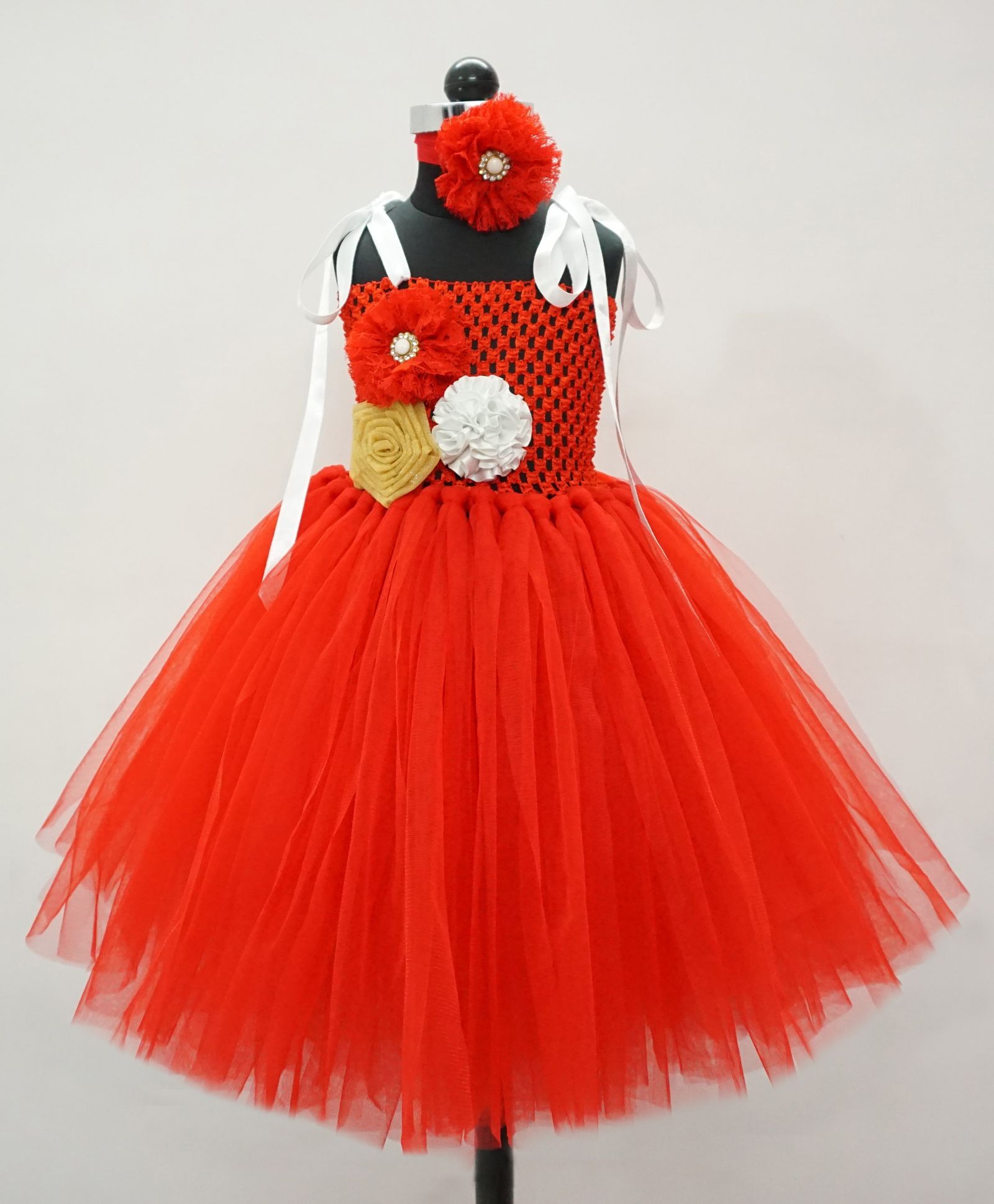 Indian Tutu Flower Embellished Tutu Dress With Headband - Red