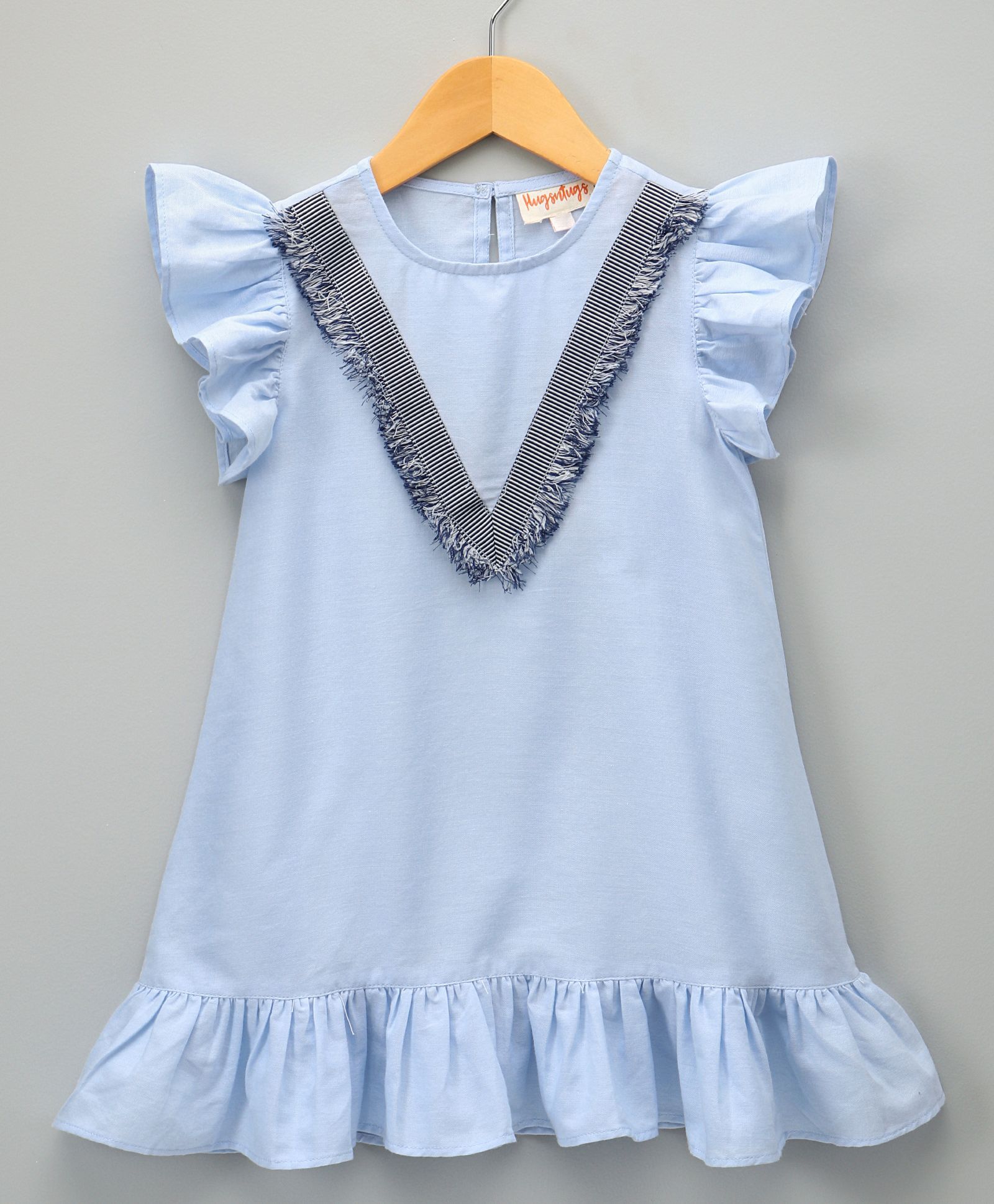 Hugsntugs Chambray Dress With Fringe Lace At Front