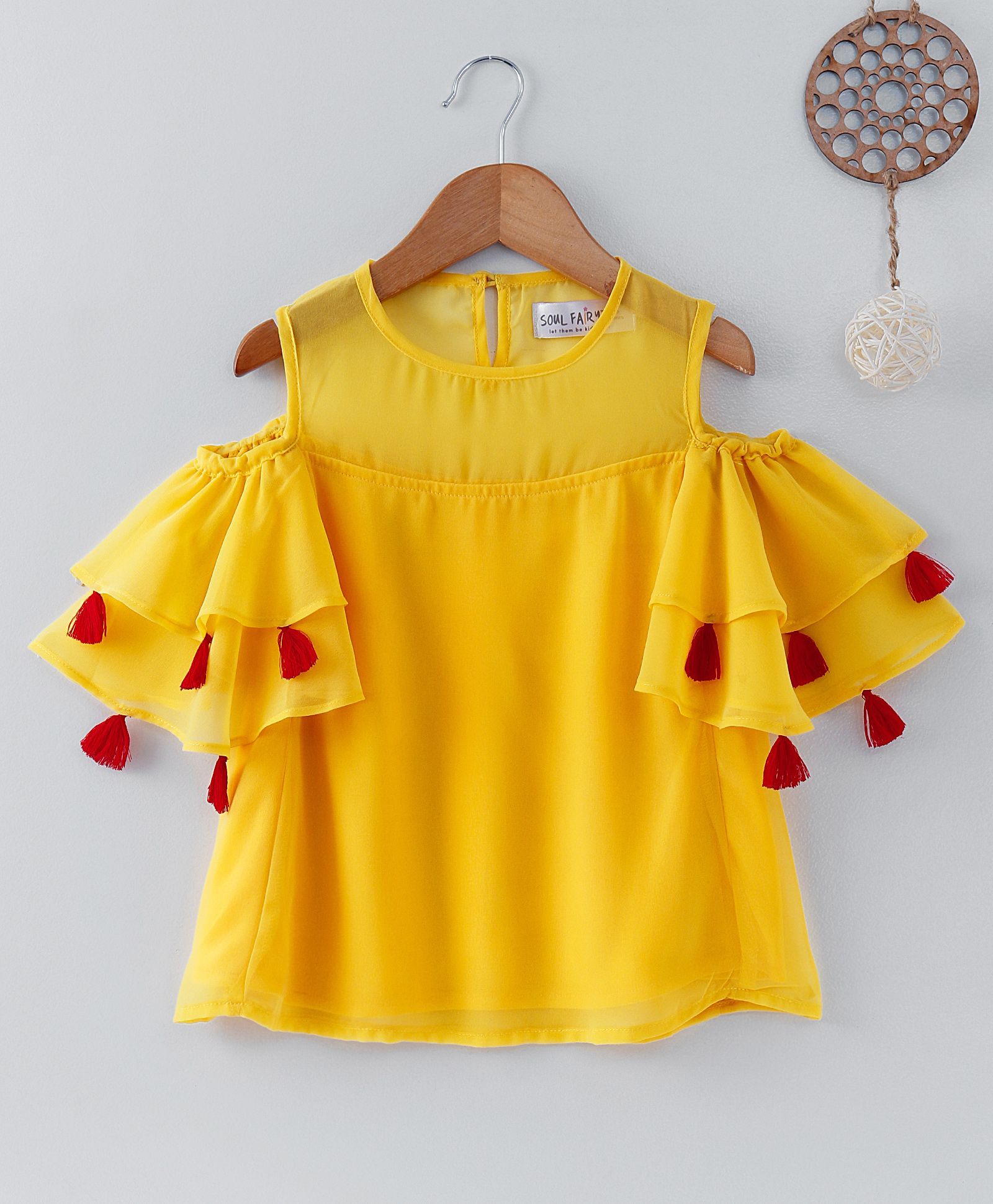 Soul Fairy Cold Shoulder Solid Top With Tassels - Yellow