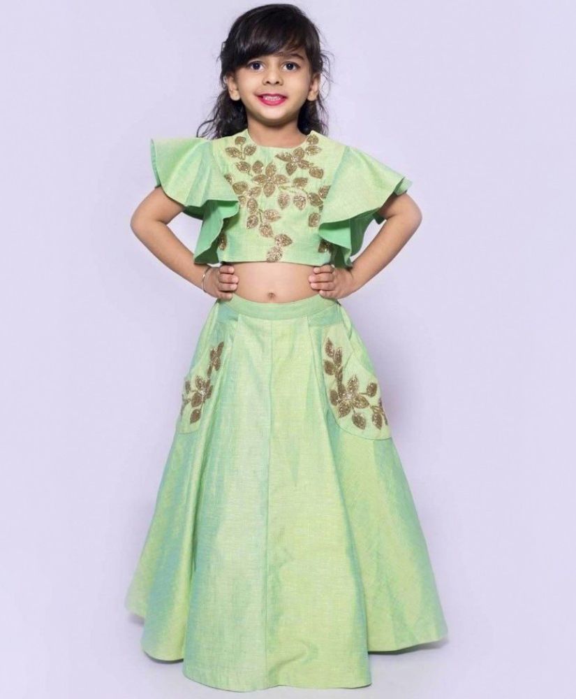 Tutus By Tutu Bell Sleeves Embroidered Choli & Lehenga Set - Light Green