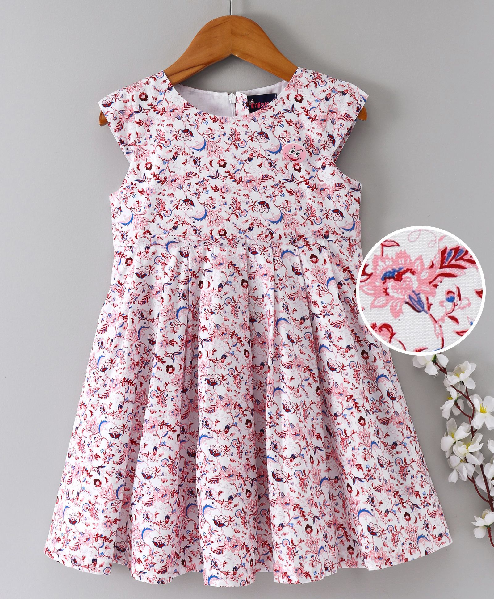 Enfance Core Printed Dress With Smiley Brooch