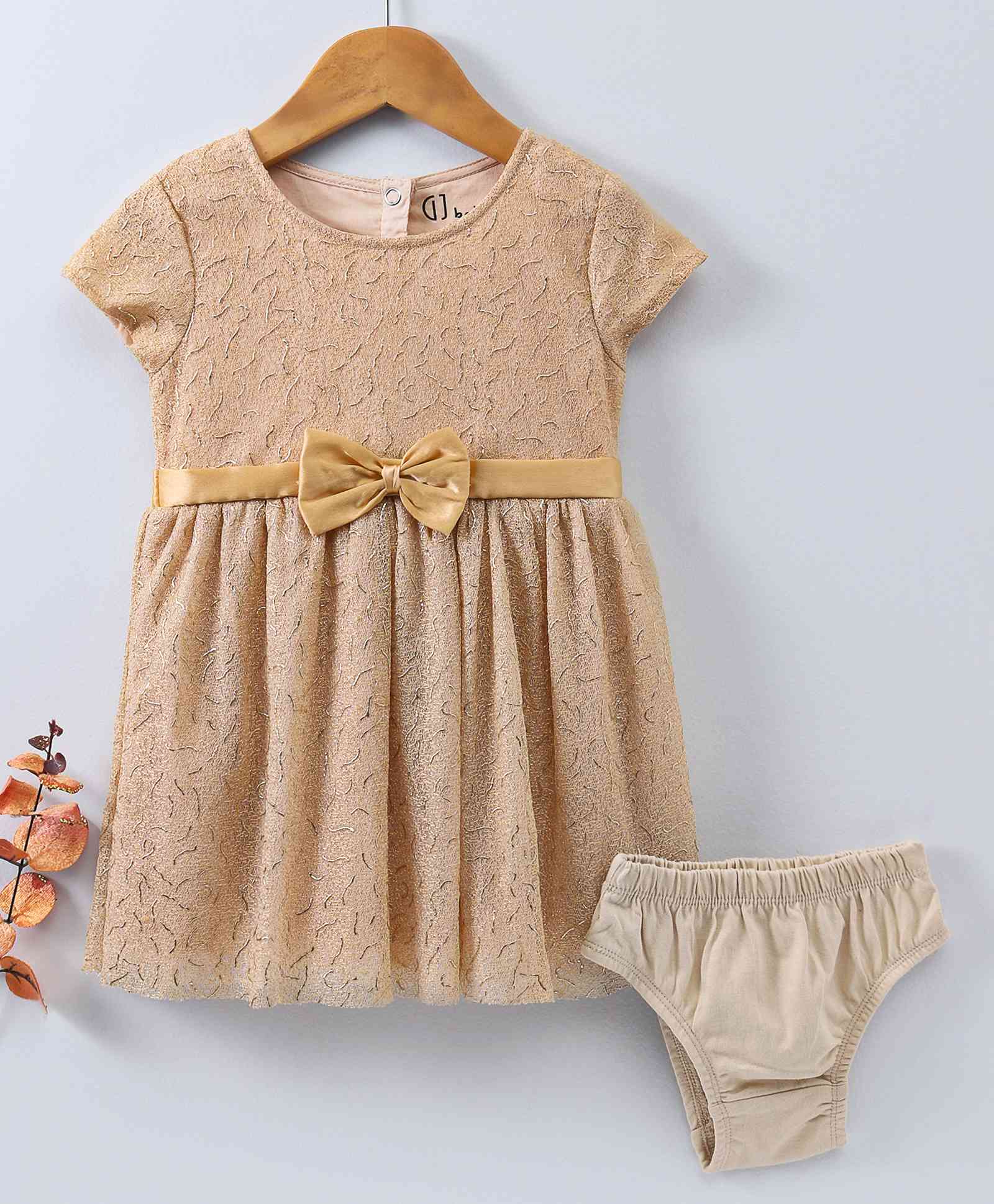 GJ Baby Short Sleeves Party Wear Frock With Bloomer - Beige