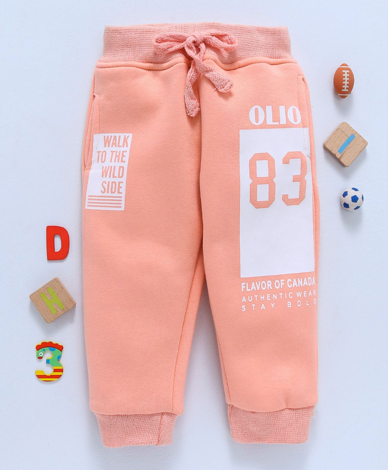 Olio Kids Full Length Thermal Bottoms Text & Number Print - Peach