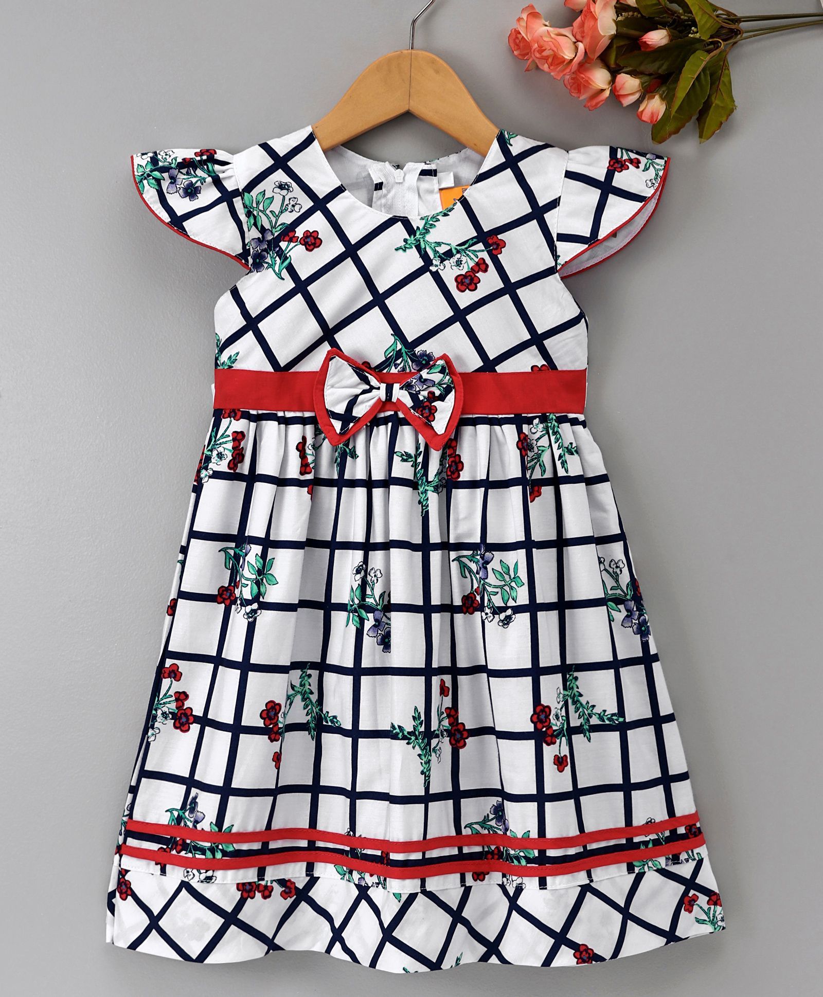 Yellow Duck Cap Sleeves Frock Floral & Checks Print - Navy