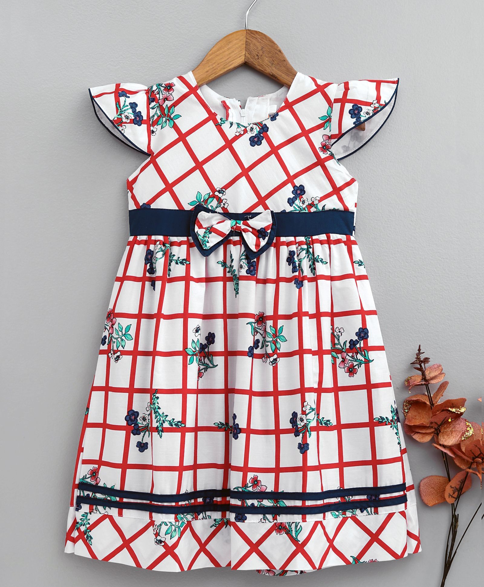 Yellow Duck Cap Sleeves Frock Floral & Checks Print - Red