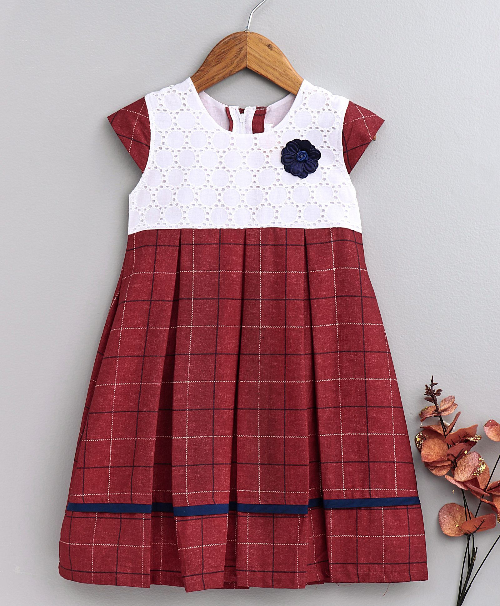 Yellow Duck Cap Sleeves Frock Checks Pattern - Red