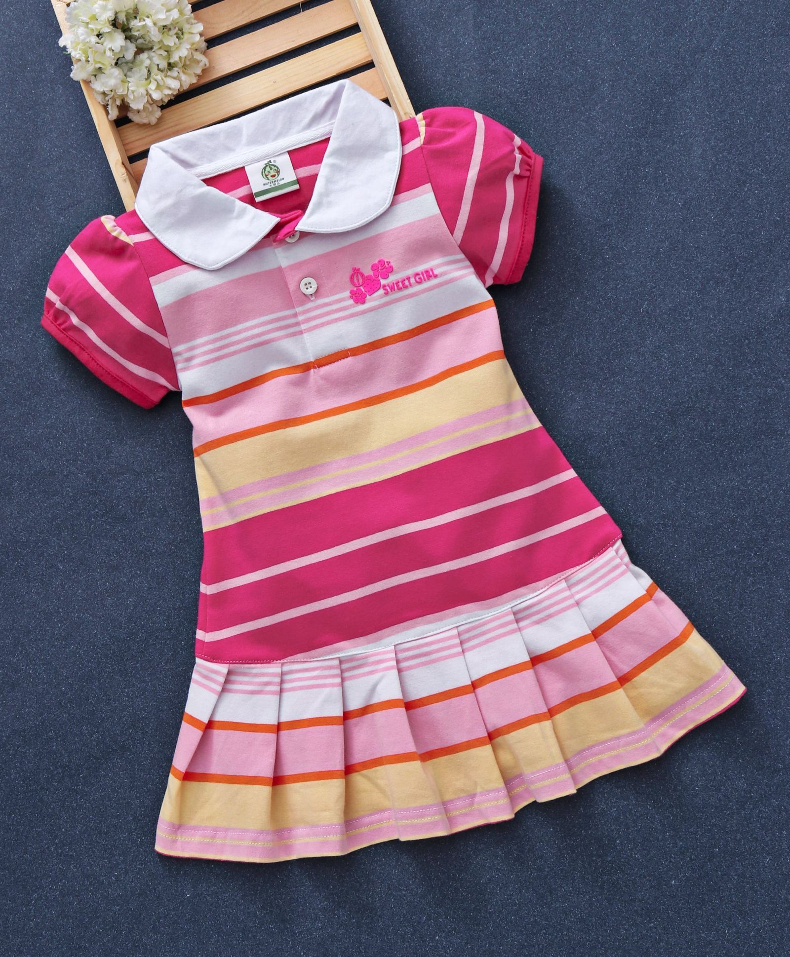 Watermelon Striped Cap Sleeves Dress - Pink