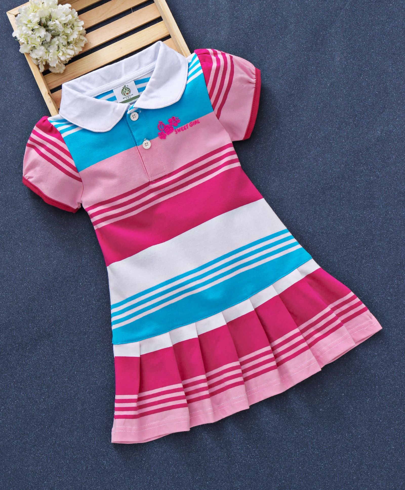 Watermelon Collar Neck Striped Cap Sleeves Dress - Pink & Blue