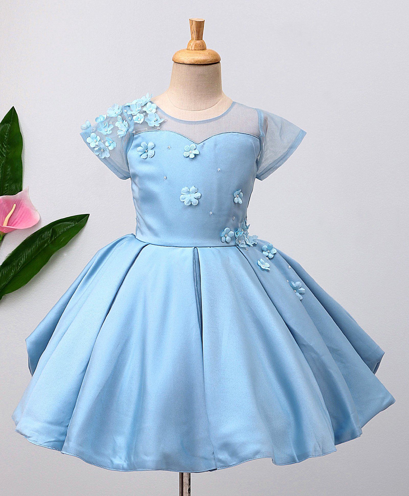 Enfance Flower Embellished Short Sleeves Dress - Blue