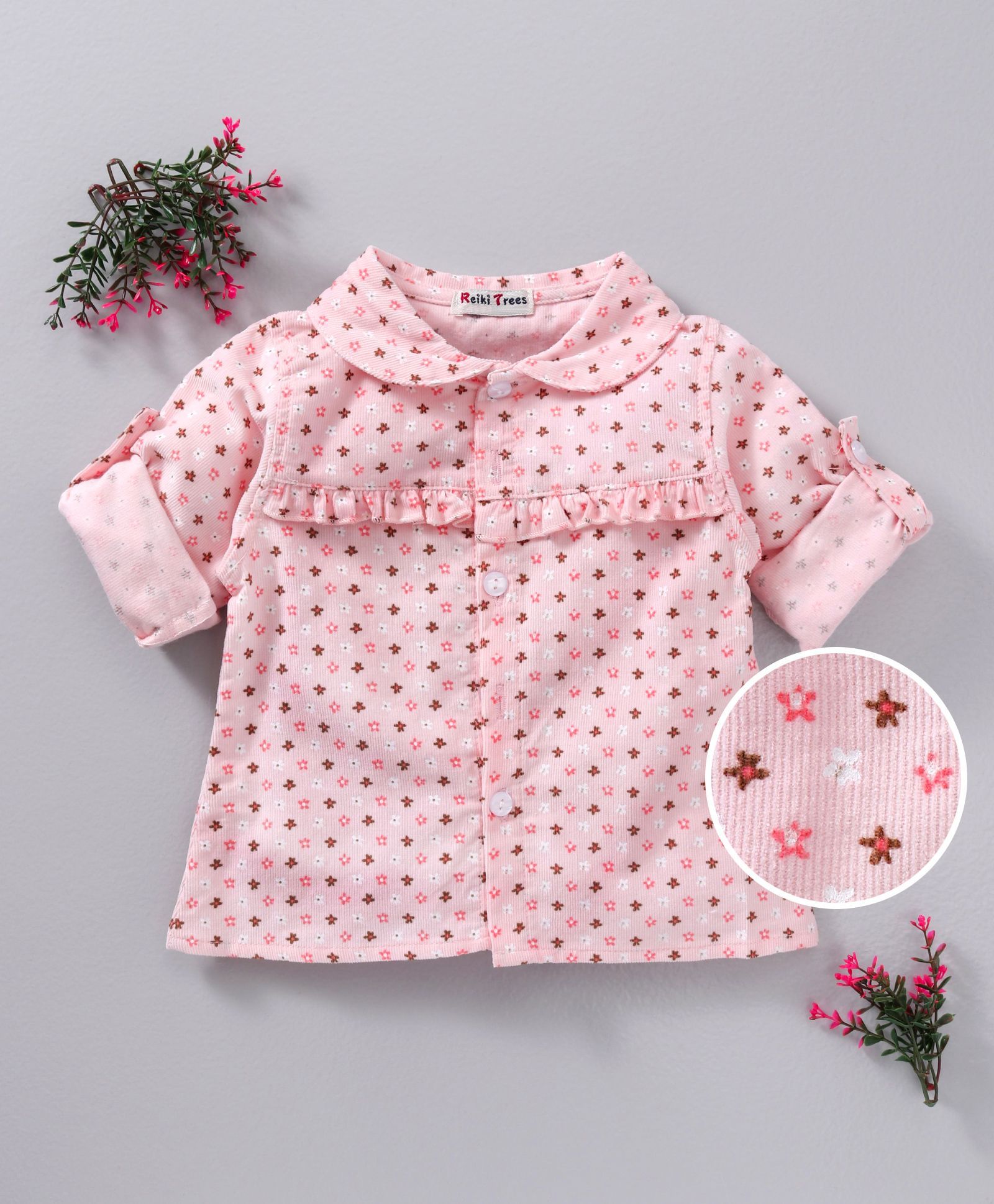 Reiki Trees Flowers Printed Full Sleeves Shirt - Pink