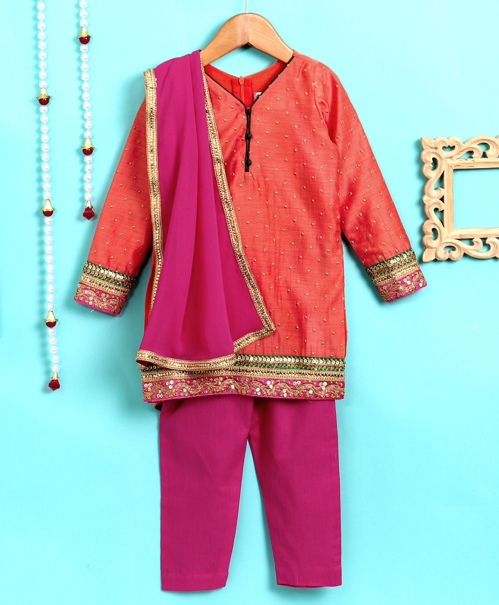 Pixie Dust Embroidered Long Sleeves Kurta & Pajama With Dupatta Set - Coral & Pink