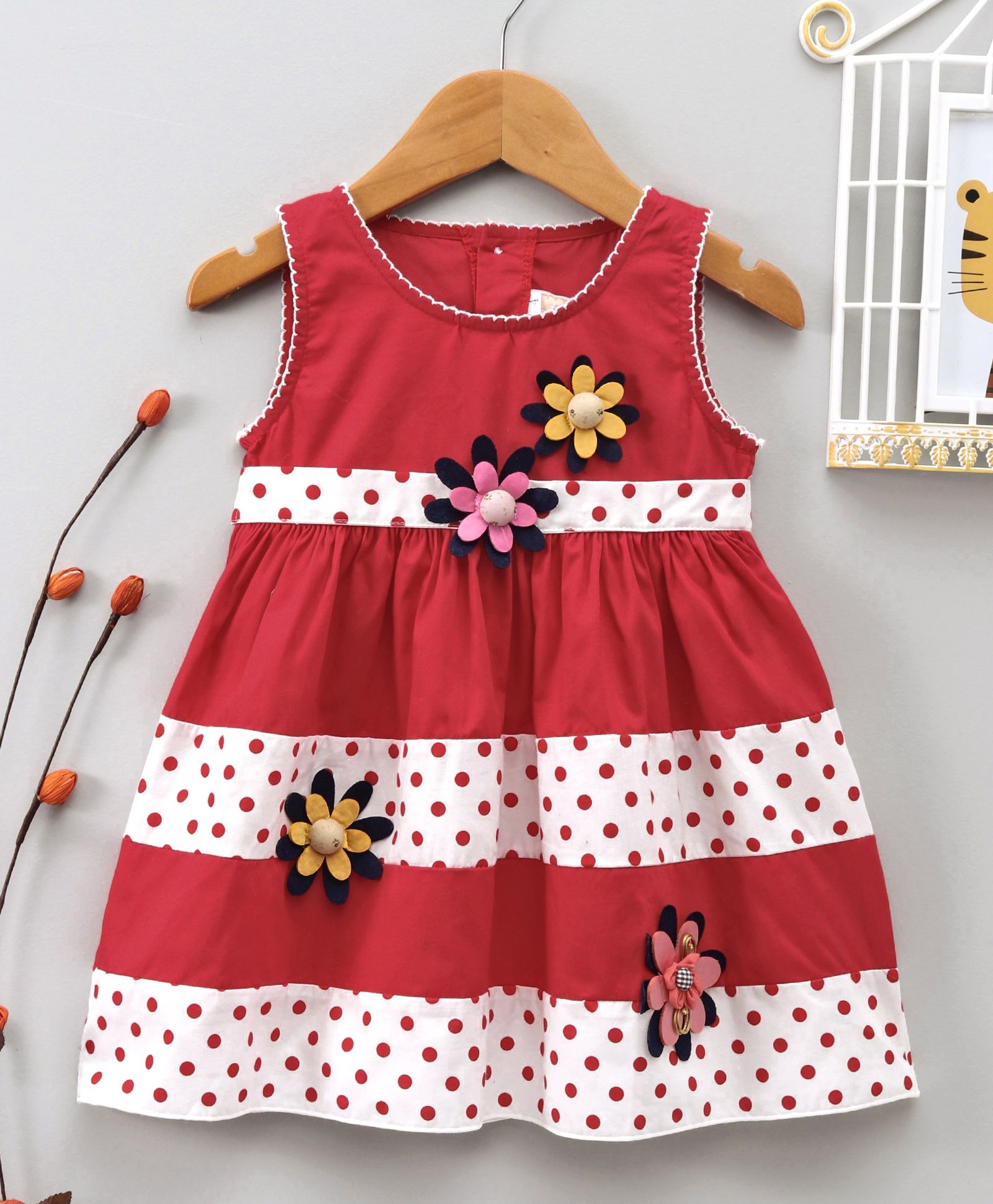ABQ Flower Applique Polka Print Sleeveless Dress