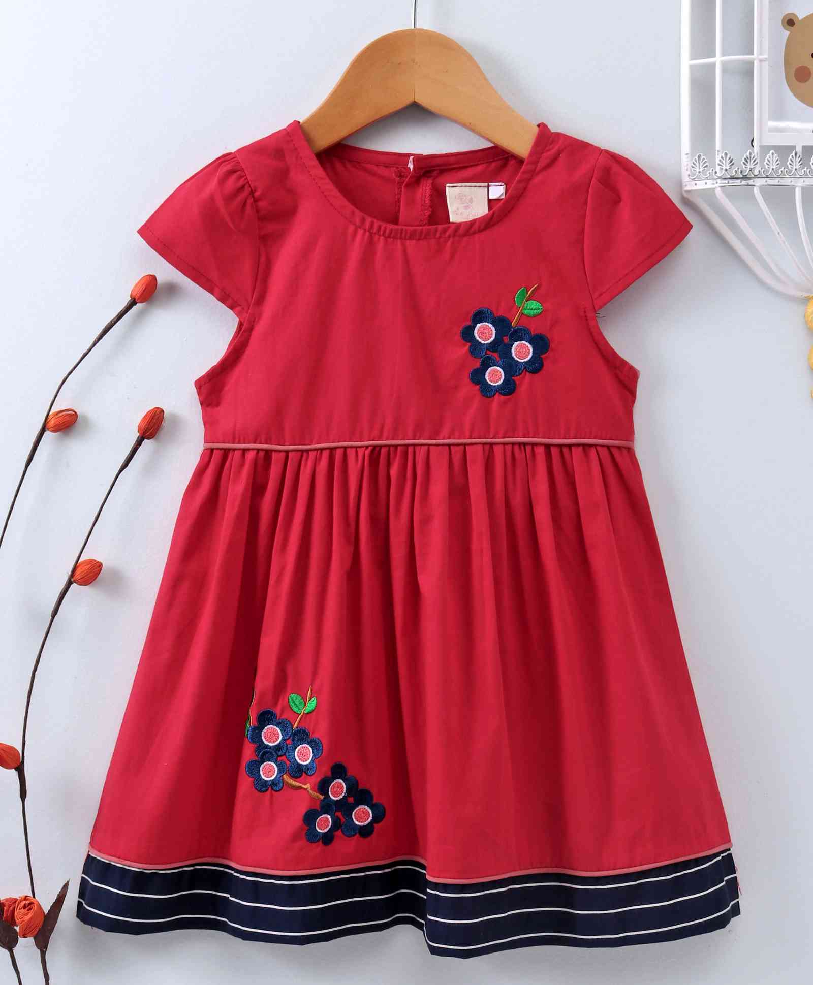 Smile Rabbit Flower Work Short Sleeves Dress - Red