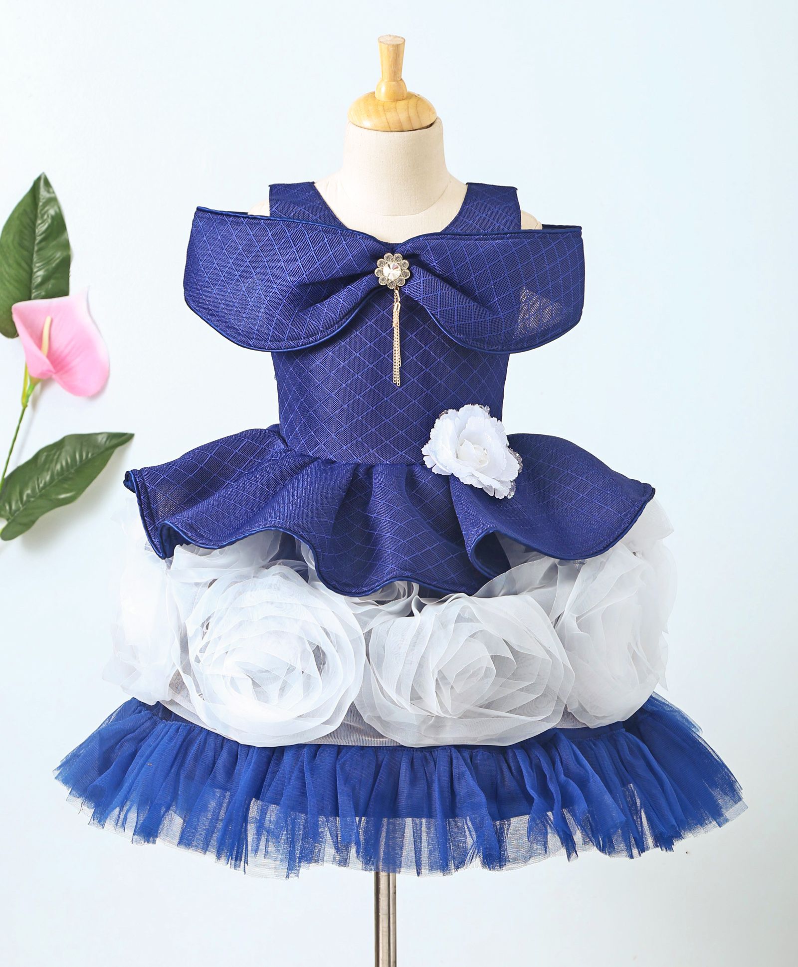Enfance Cold Shoulder Dress With Tissue Roses - Blue