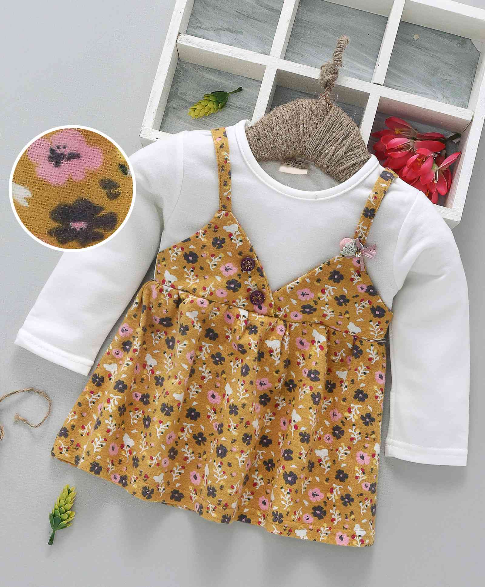 Sen Sen Kids Full Sleeves Floral Print Dress - Mustard