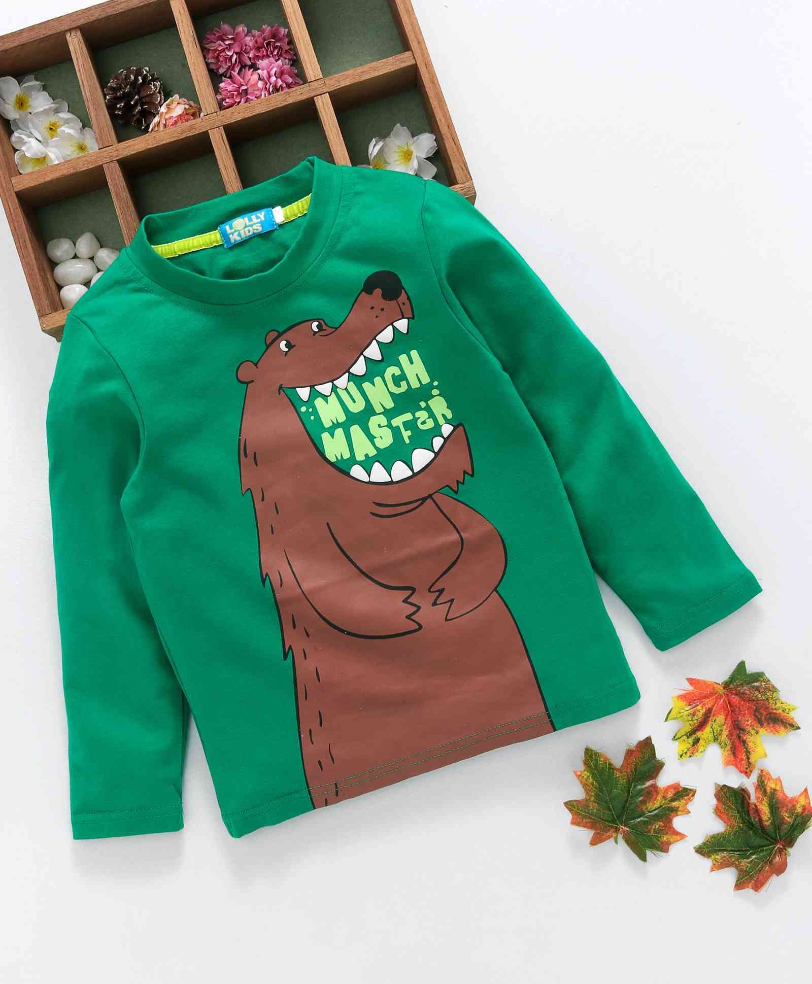 Lolly Kids Bear Print Full Sleeves Tee - Green