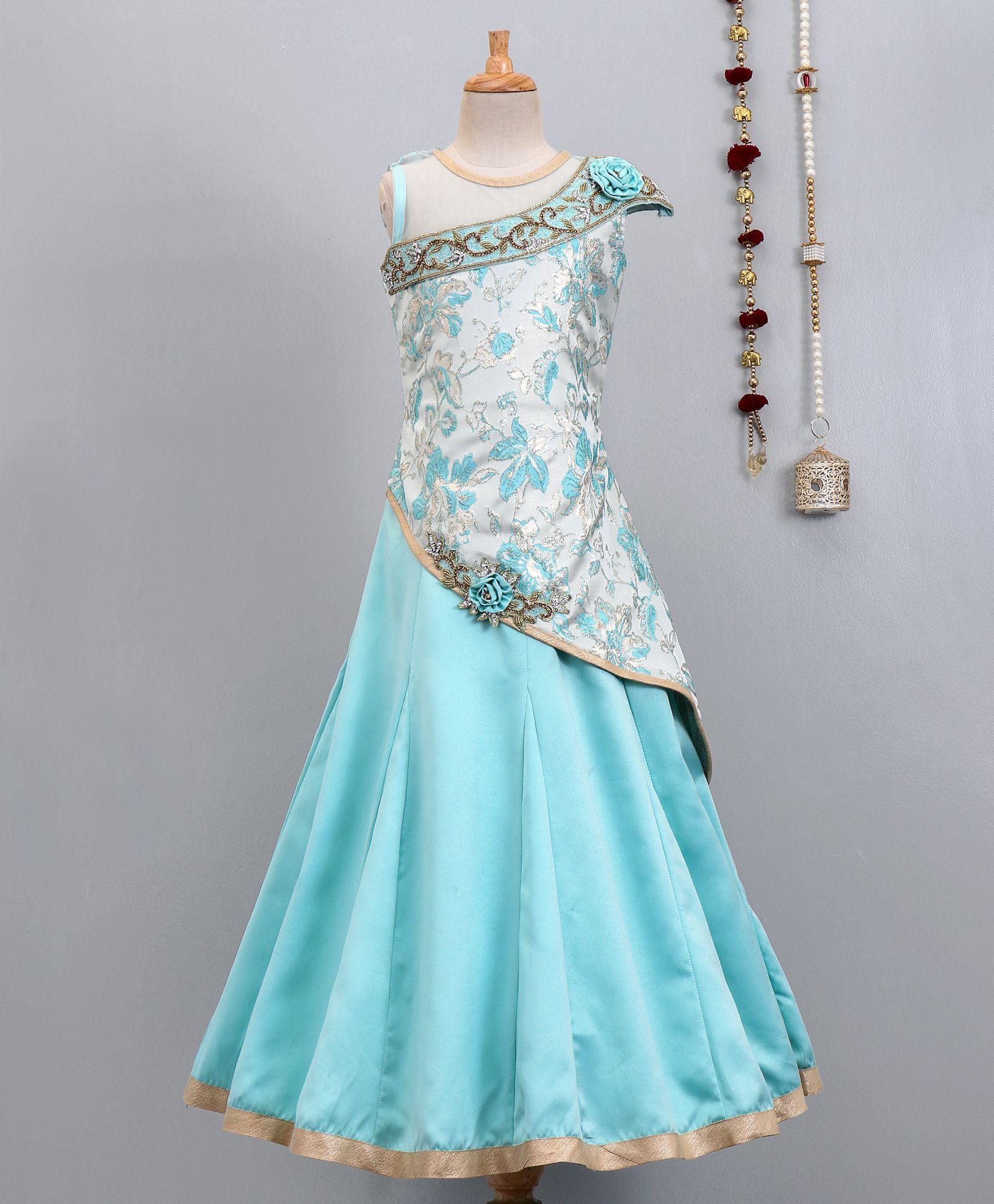 Dhyana Fashions Embroidered Gown With Flower Applique - Sky Blue