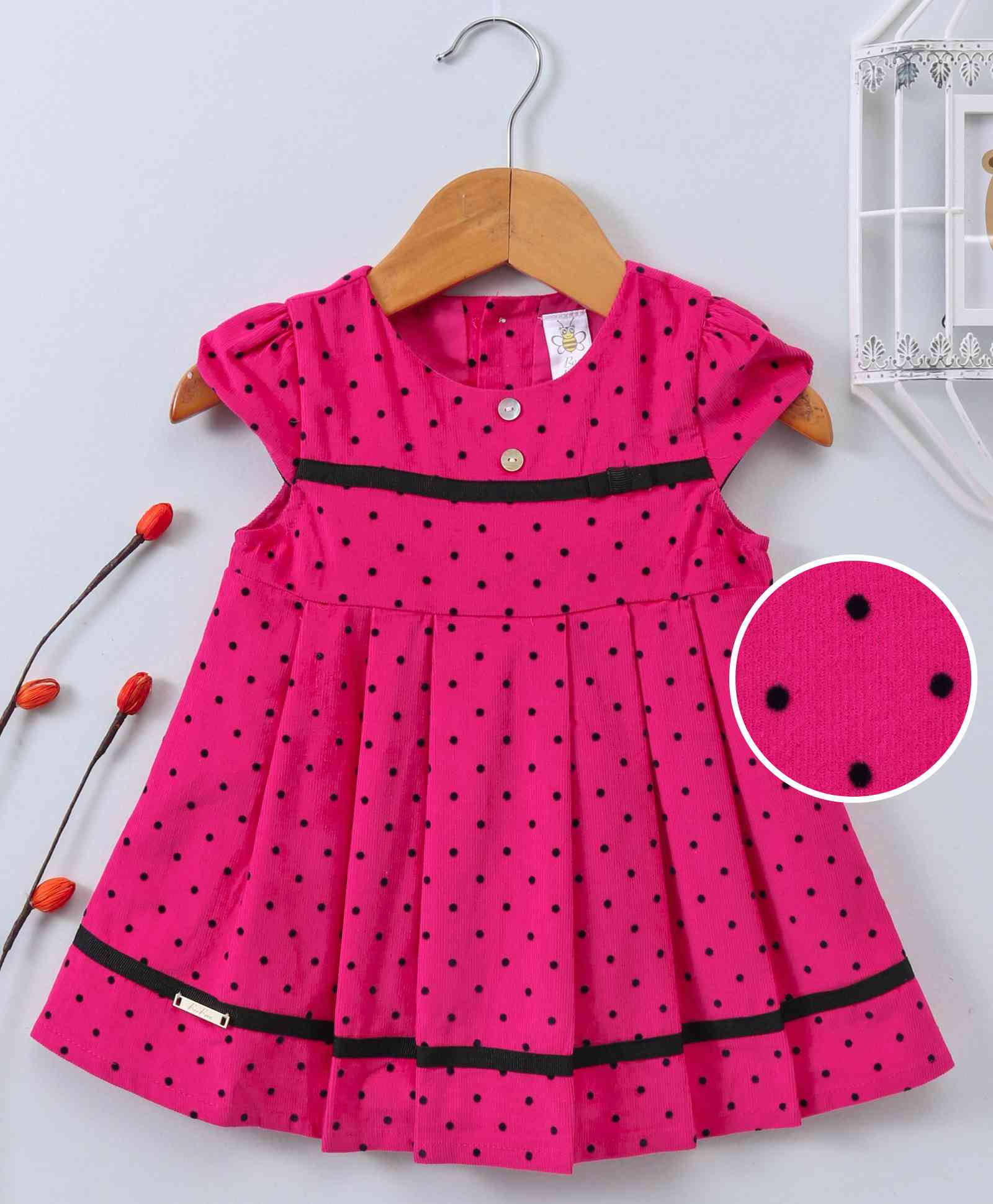 Bee Born Polka Dot Print Cap Sleeves Dress - Hot Pink