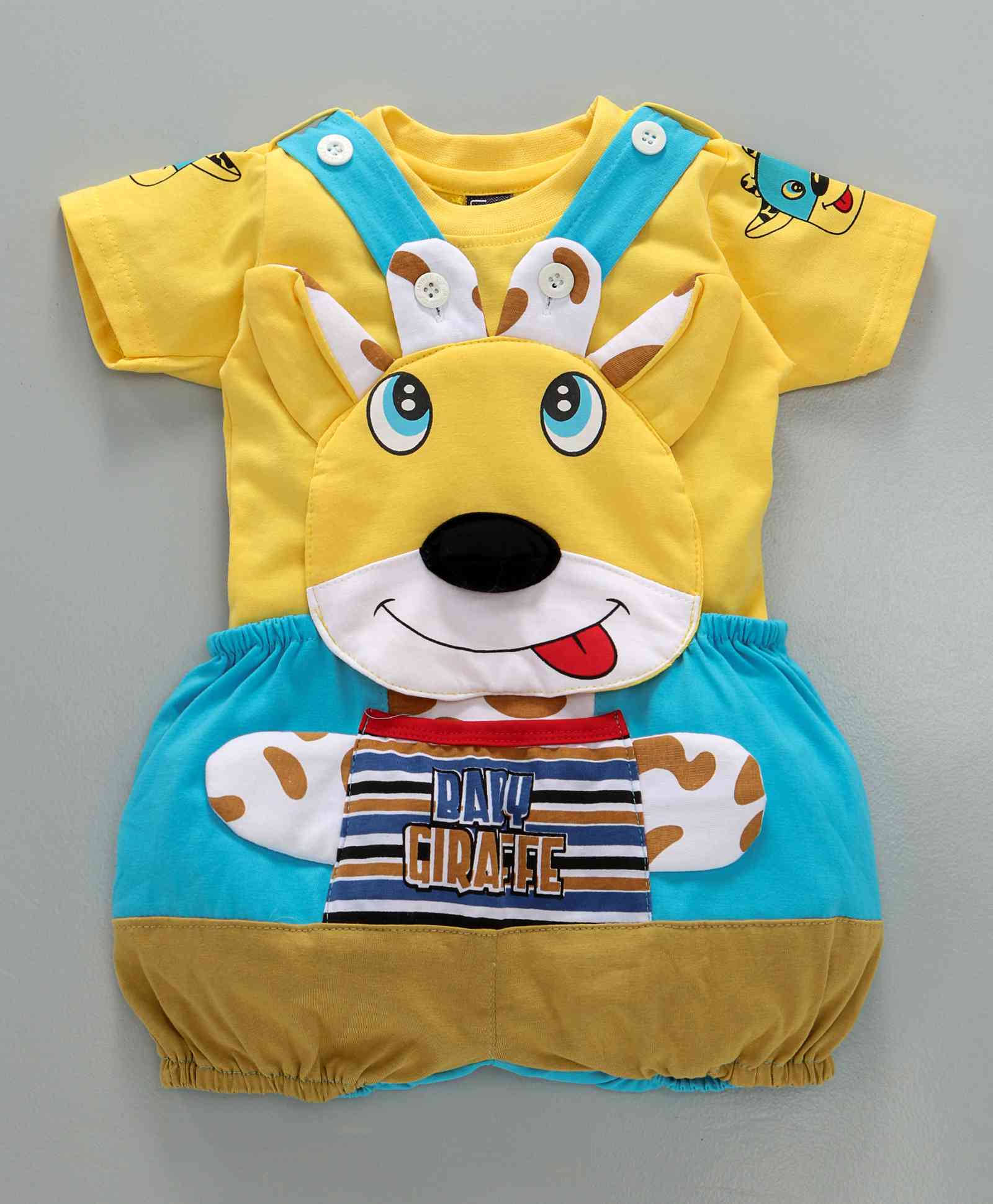 Jaybee Sleeveless Dungaree With Tee Baby Giraffe Patch - Blue & Yellow